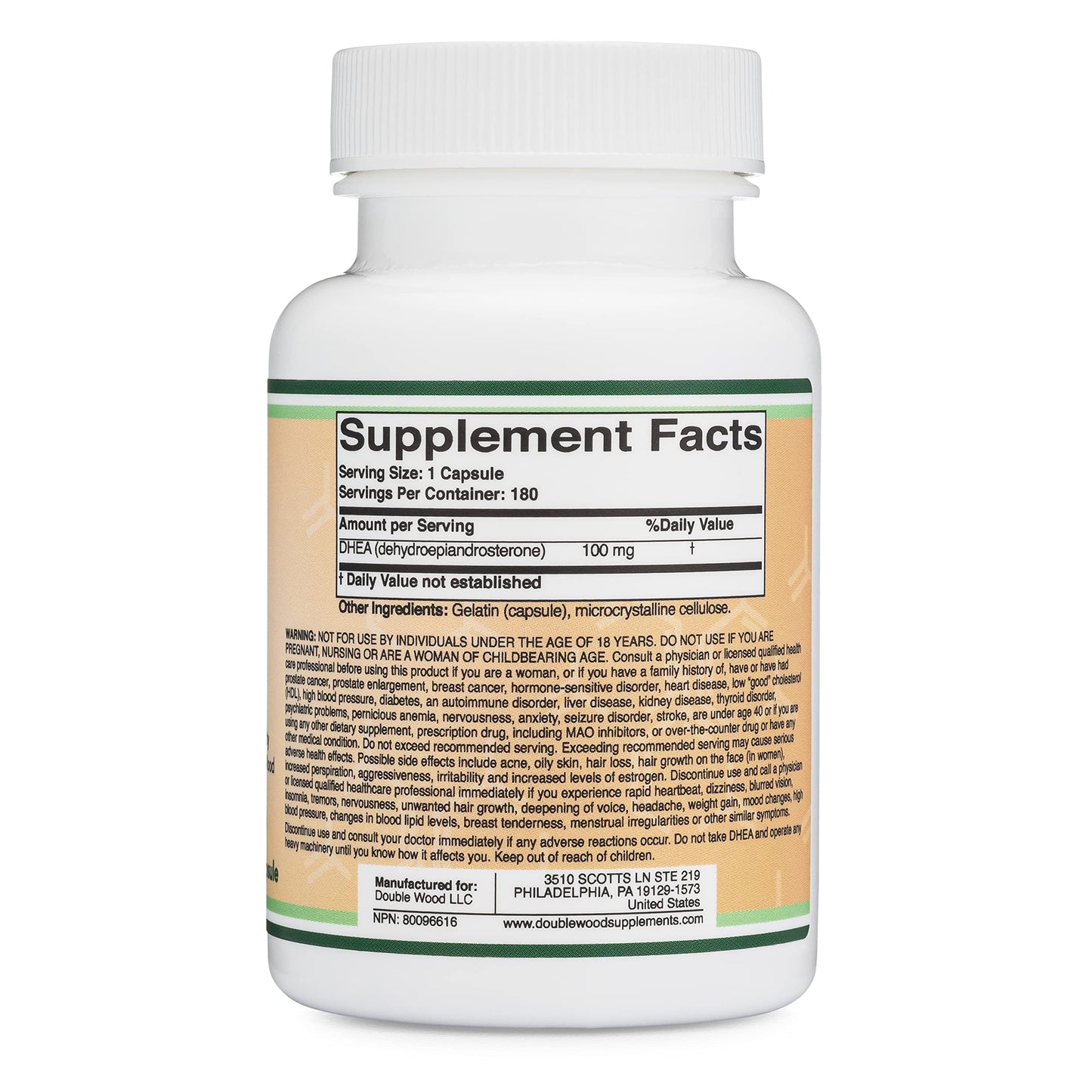 DHEA 100mg | 180 Capsules | Max Strength 6 Month Supply | Third Party Tested | Hormone Balance & Healthy Aging by Double Wood