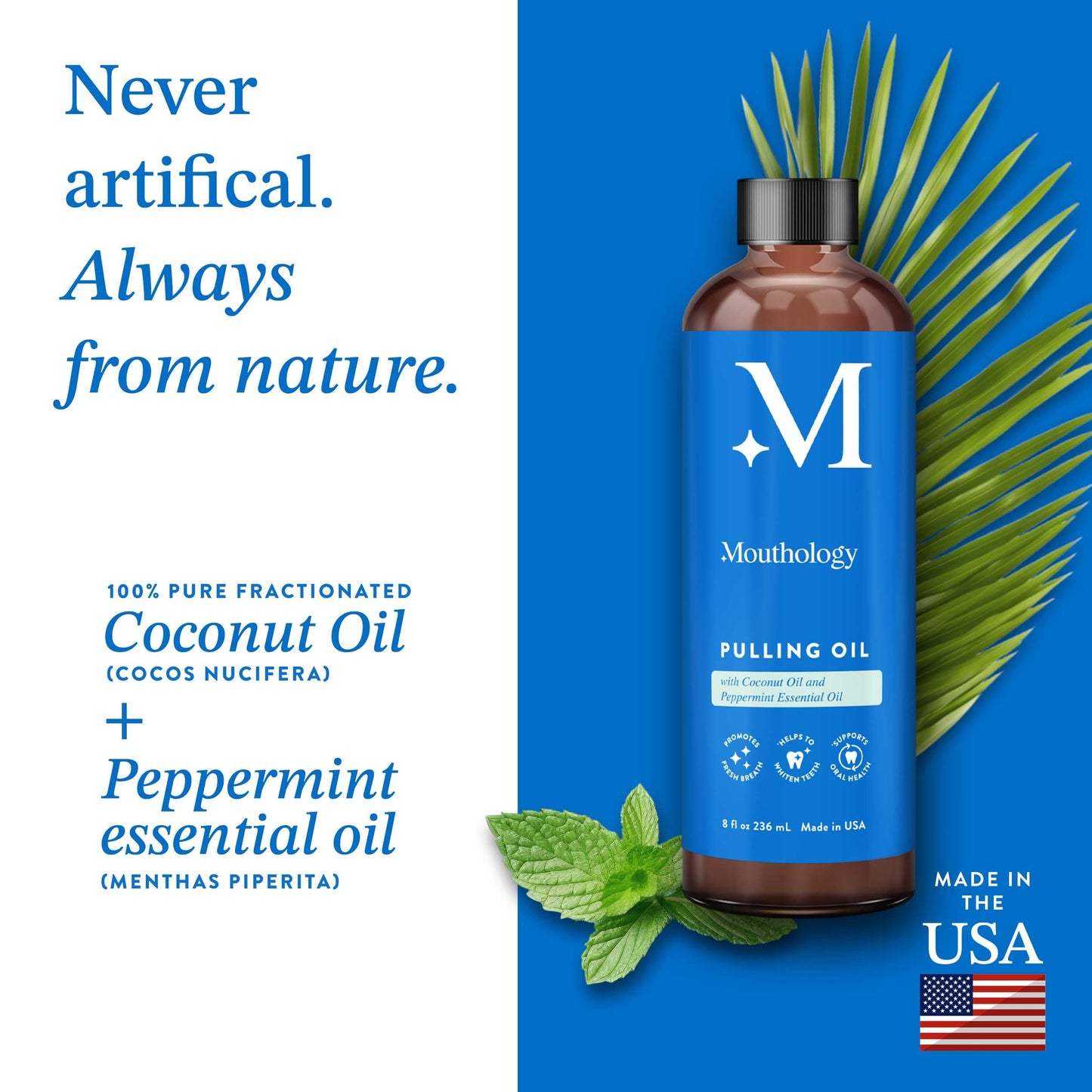 Mouthology Coconut Oil Pulling for Teeth and Gums (Made in USA), Whitening Pulling Oil Coconut Mint Mouthwash for Fresh Breath Ayurvedic Oil Pulling Mouth Gum Health with Tongue Scraper Oral Care 8oz