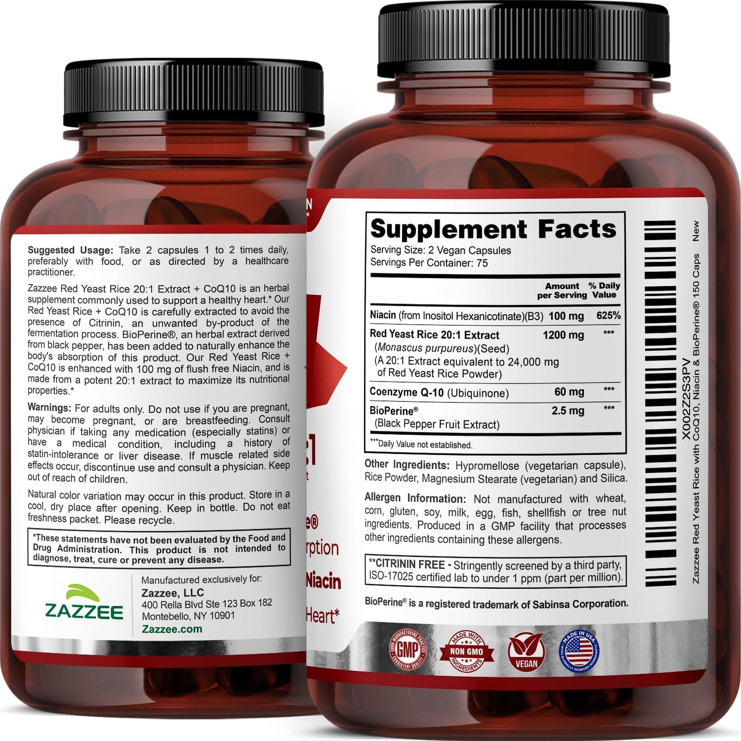 Extra Strength Red Yeast Rice with CoQ10 - 20X Concentrated 1200mg Red Yeast Rice Supplement with Niacin CoQ 10 and BioPerine for Enhanced Absorption - Non-GMO Vegan & ISO Lab Tested (75 Servings)