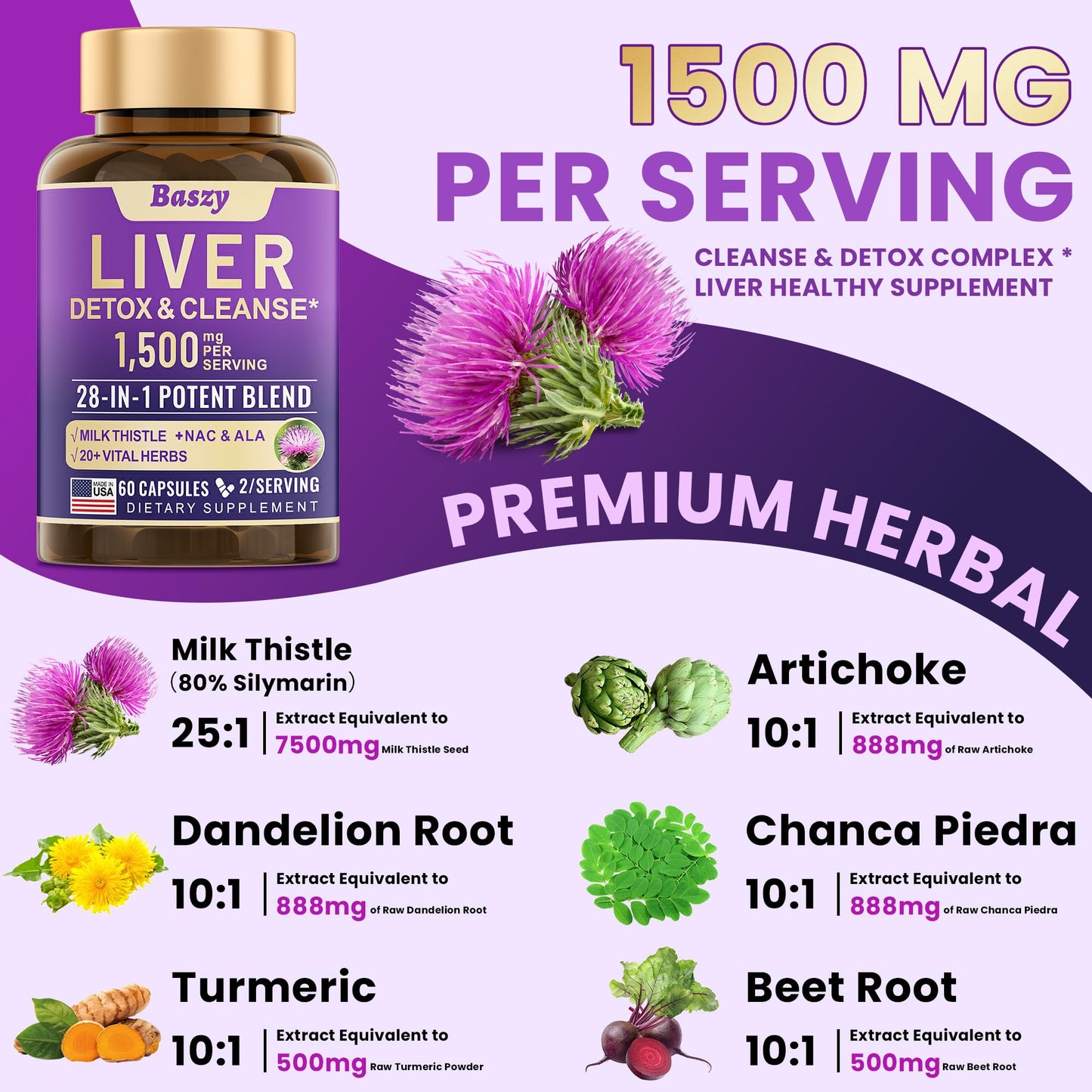Baszy 28-in-1 Liver Cleanse Detox & Repair - 1500mg Liver Health Support with Milk Thistle, Dandelion Root, Artichoke Extract, and 20+ Herbal Liver Support Supplements - Made in USA - 60 Capsules