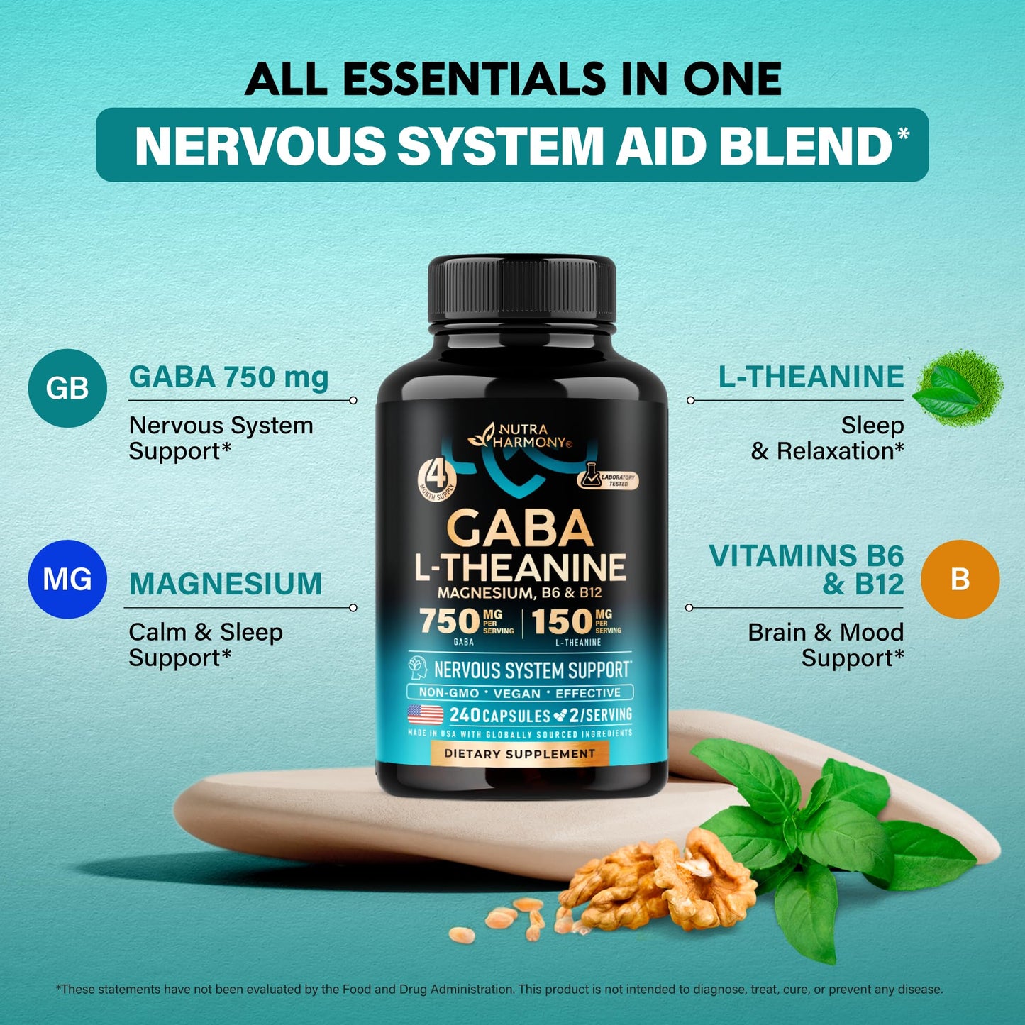 GABA L-Theanine 900 mg - Made in USA - Magnesium | Vitamin B6 - Calm, Sleep, Relaxation & Mood Support - 750 mg Gamma AminoButyric Acid, 150 mg L-Theanine - Non-Habit Forming, Vegan - 240 Capsules