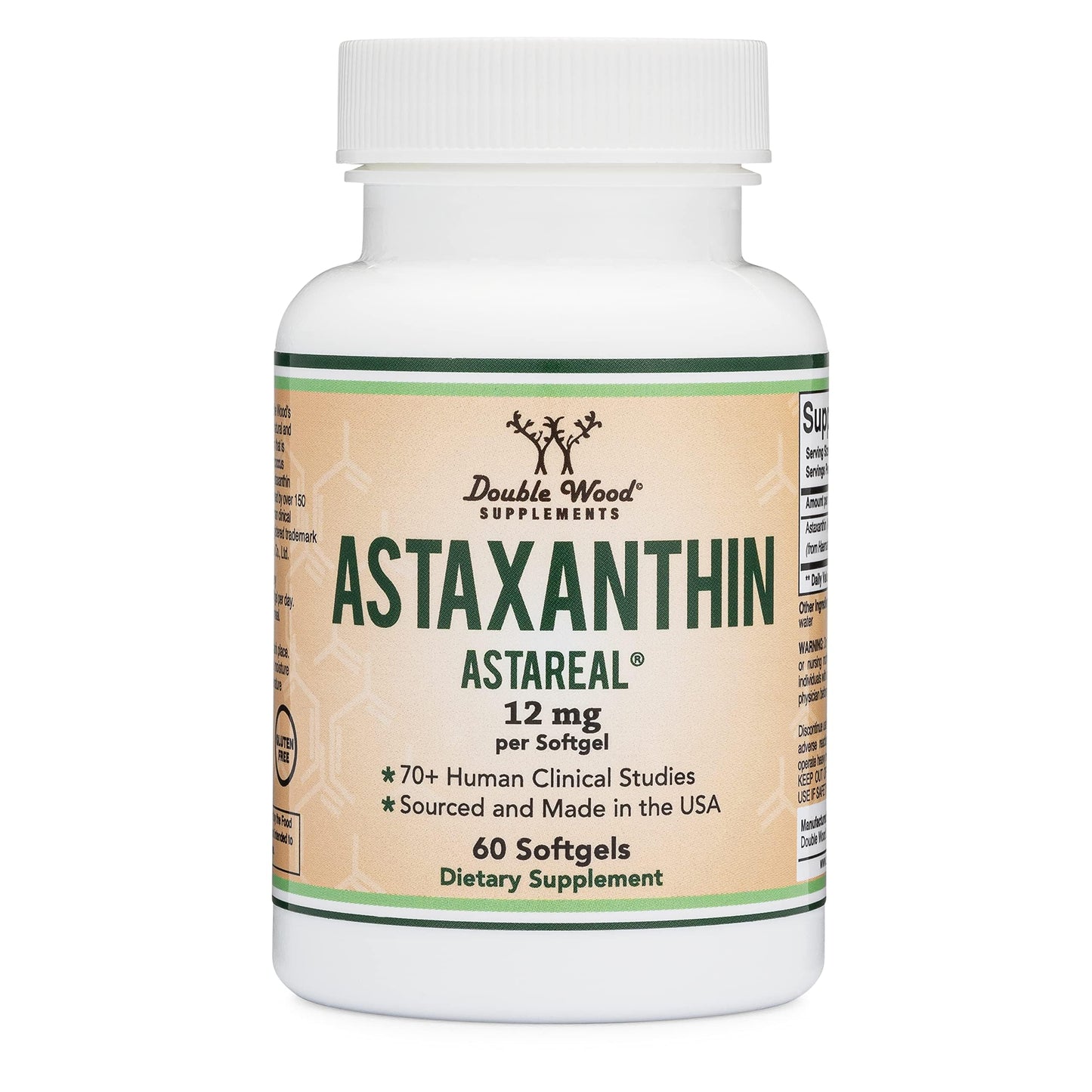 Astaxanthin 12mg Max Strength (AstaReal: Natural Patented Astaxanthin with 70+ Human Clinical Trials - World's Most Studied Brand) Grown, Harvested, and Made in The USA (Astaxantina) by Double Wood
