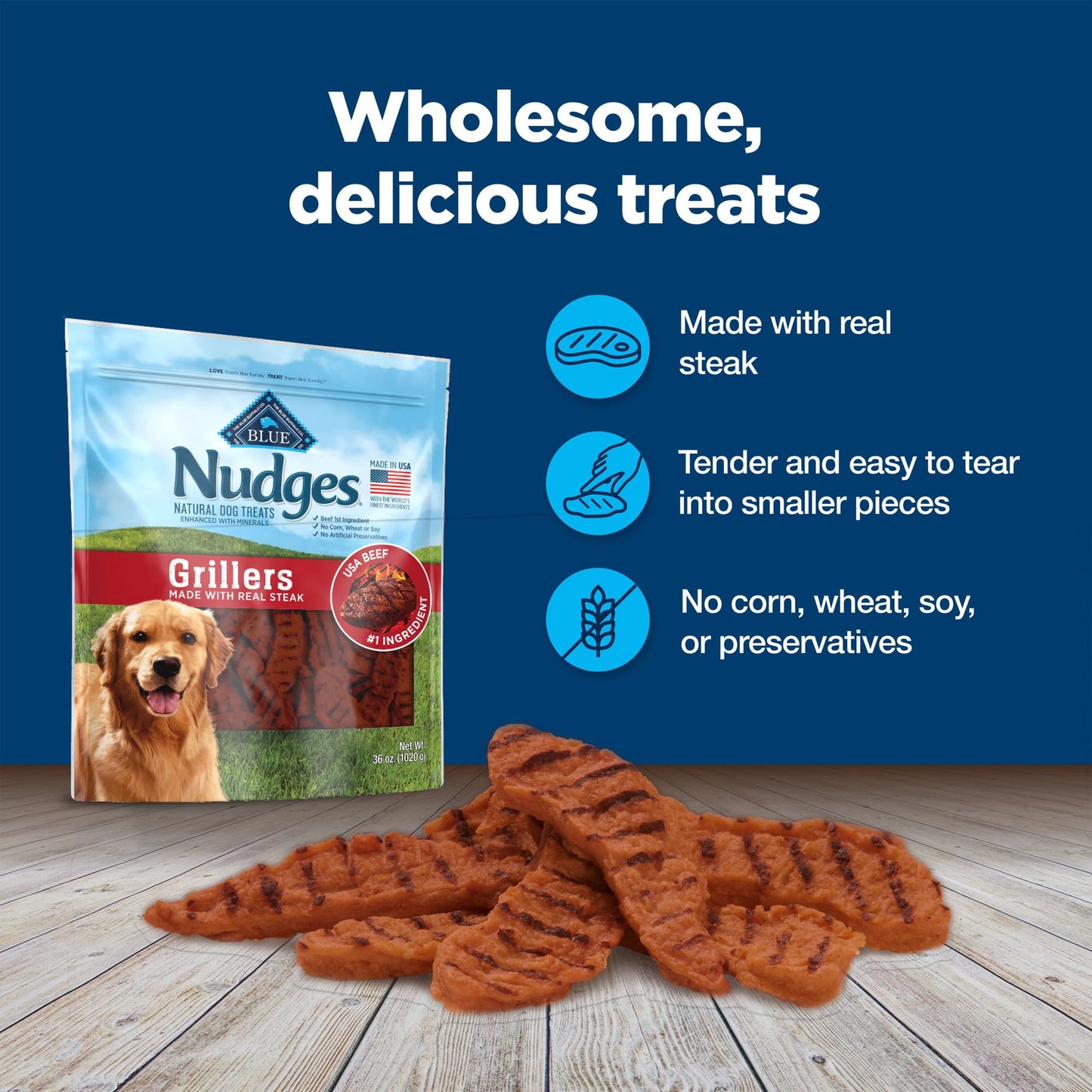 Blue Buffalo Nudges Grillers Natural Dog Treats, Made in the USA with Real Steak, 16-oz Bag