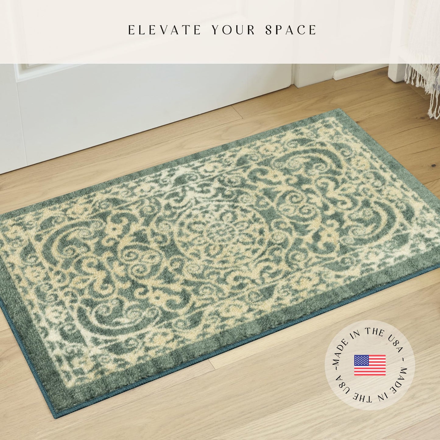 Maples Rugs Pelham Transitional Area Rugs - Made in USA - Washable, Non Slip, Indoor Carpet for Entryway, Foyer, Kitchen, and Bathroom, 1'8 x 2'10, Light Spa