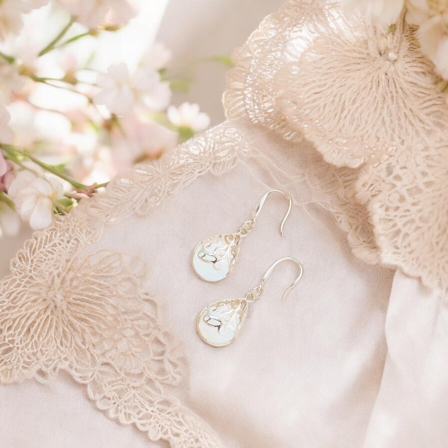 Bottled Up Designs Handmade Filigree Teardrop Earrings, Recycled Vintage Milk Glass, Sterling Silver, Eco Friendly, Made in USA, Mothers Day, Women, Anniversary (White Cold Cream Jar)