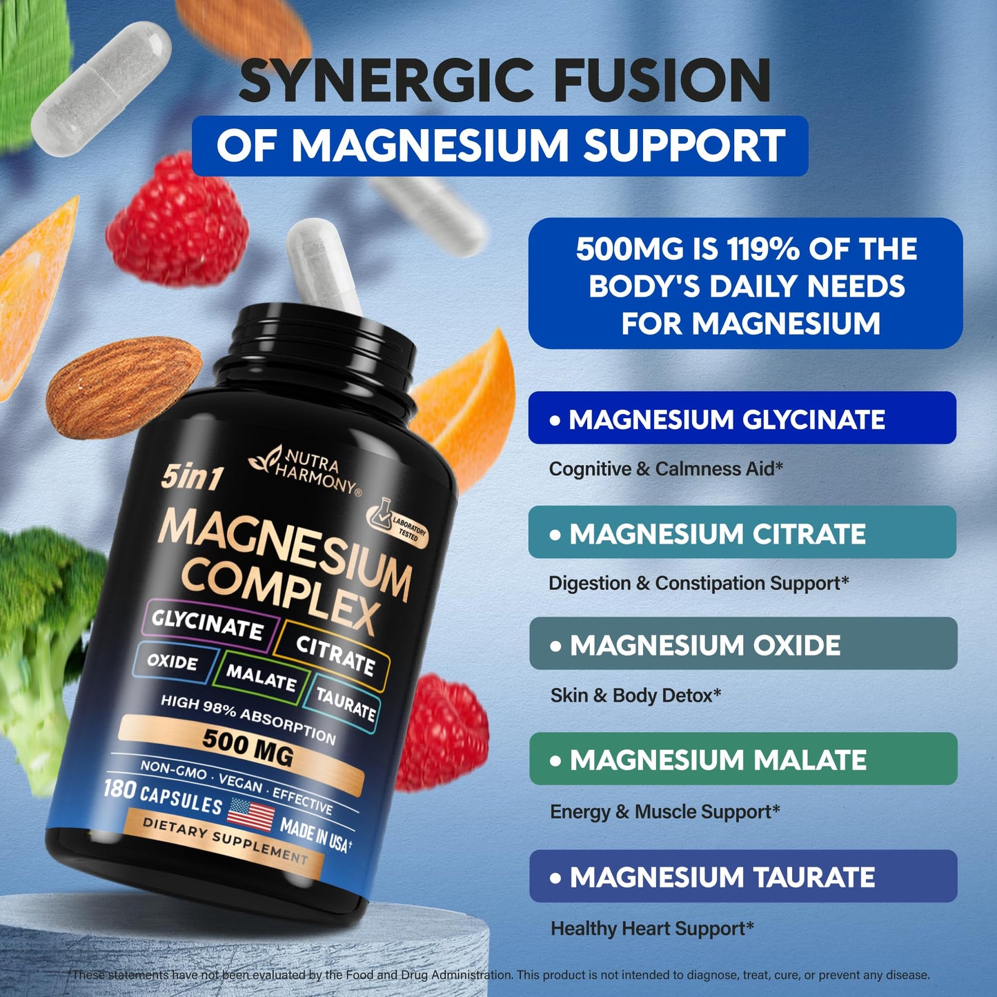 Magnesium Supplement - 5 in 1 Complex | Glycinate | Citrate | Malate | Taurate | Oxide - Made in USA - Stress, Muscle & Heart Support - Vegan, Natural, Non-GMO - 180 Capsules, 2 Month Supply