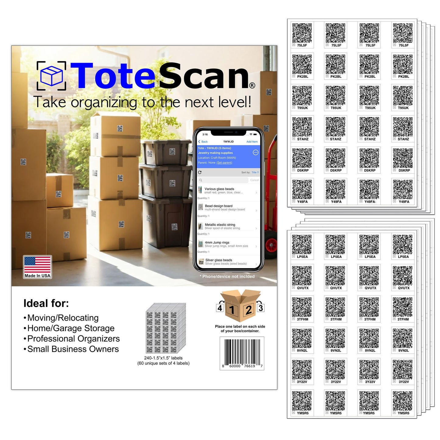 ToteScan Intelligent QR Labels for Organization/Moving/Storage (60 Unique Sets of 4 Labels, to Place on All 4 Sides of Your Box/Container) 1.5"x1.5" Size