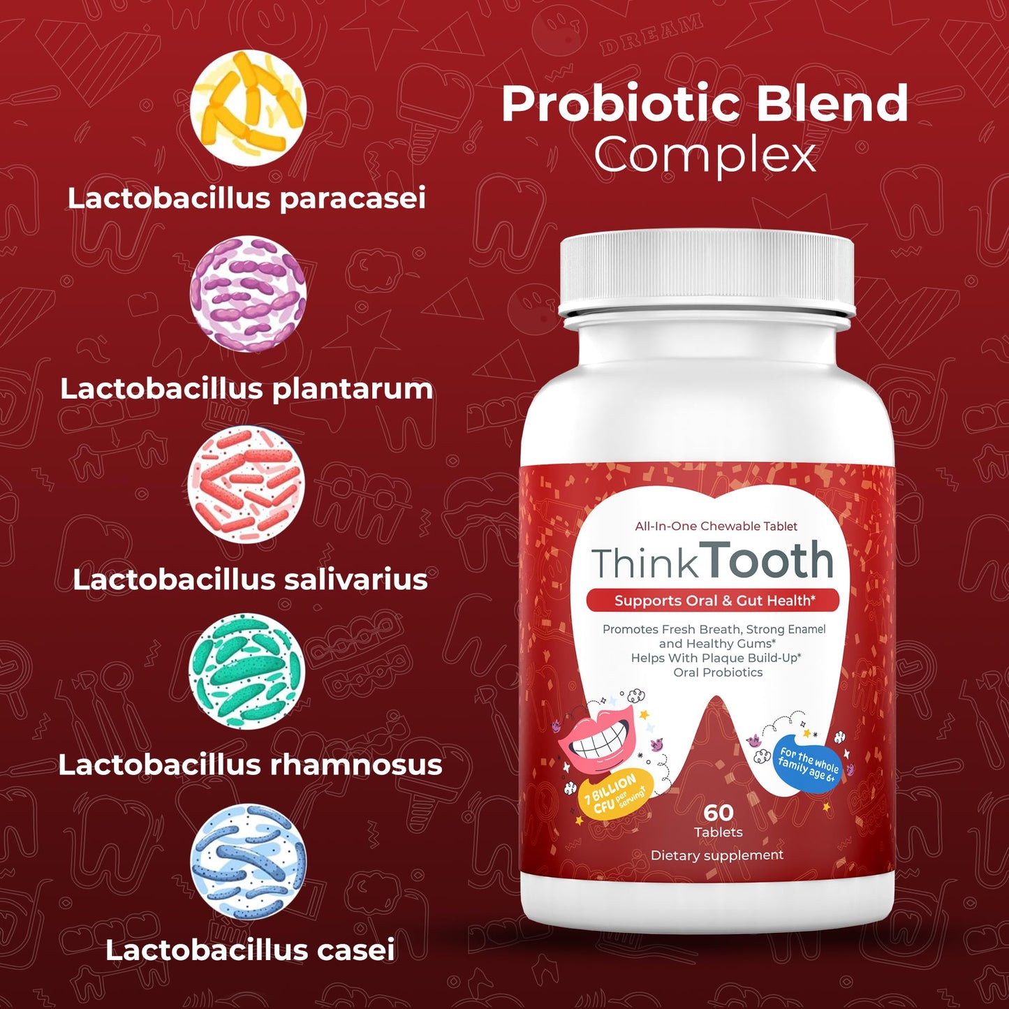 Think Tooth 60 Chewable Tablets, Oral Probiotics for Mouth Bad Breath Treatment for Adults, 5 Strains 7 Billion CFU, Doctor Formulated Oral Probiotics for Teeth & Gums, Fresh Breath, Chronic Halitosis