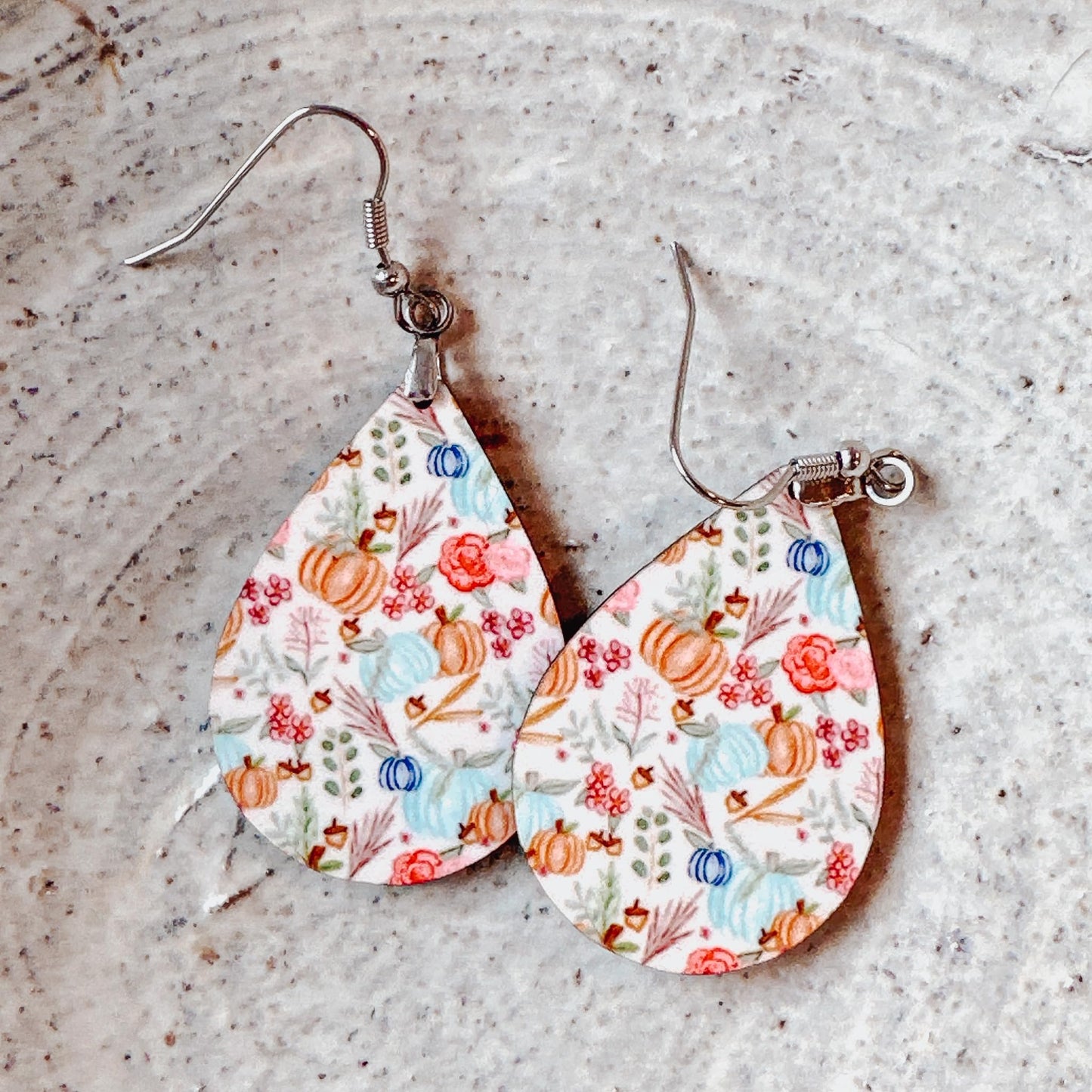 Fall Earrings for Women Autumn Thanksgiving Lightweight Teardrop Dangle Fun Colorful Statement Jewelry Handmade by the Painted Pug (Fall Floral Teal Pumpkin)