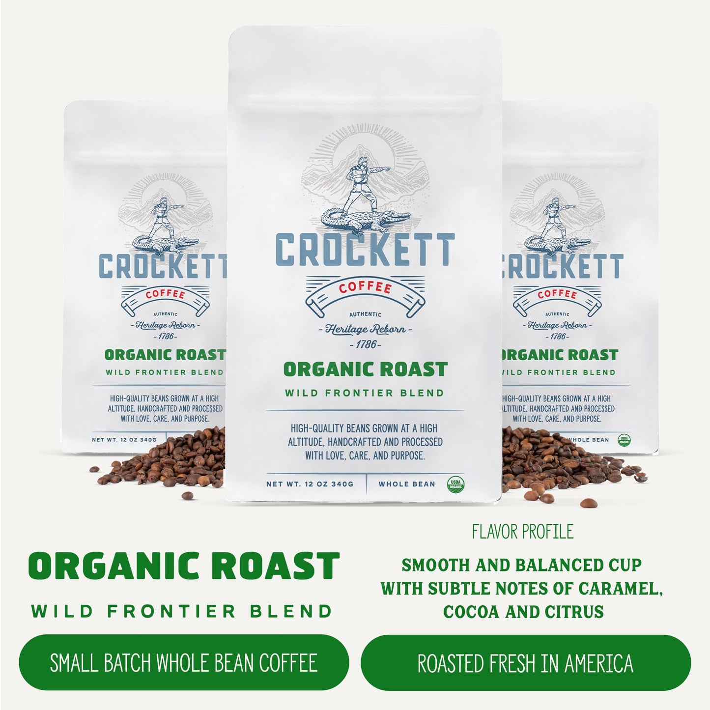 Crockett Whole Bean Coffee – USDA Organic Medium Roast Whole Coffee Beans with Smooth Flavor, Bold Aroma & Clean Finish – Healthy for Focused Energy, All-Day Drive & Guilt-Free Brewing