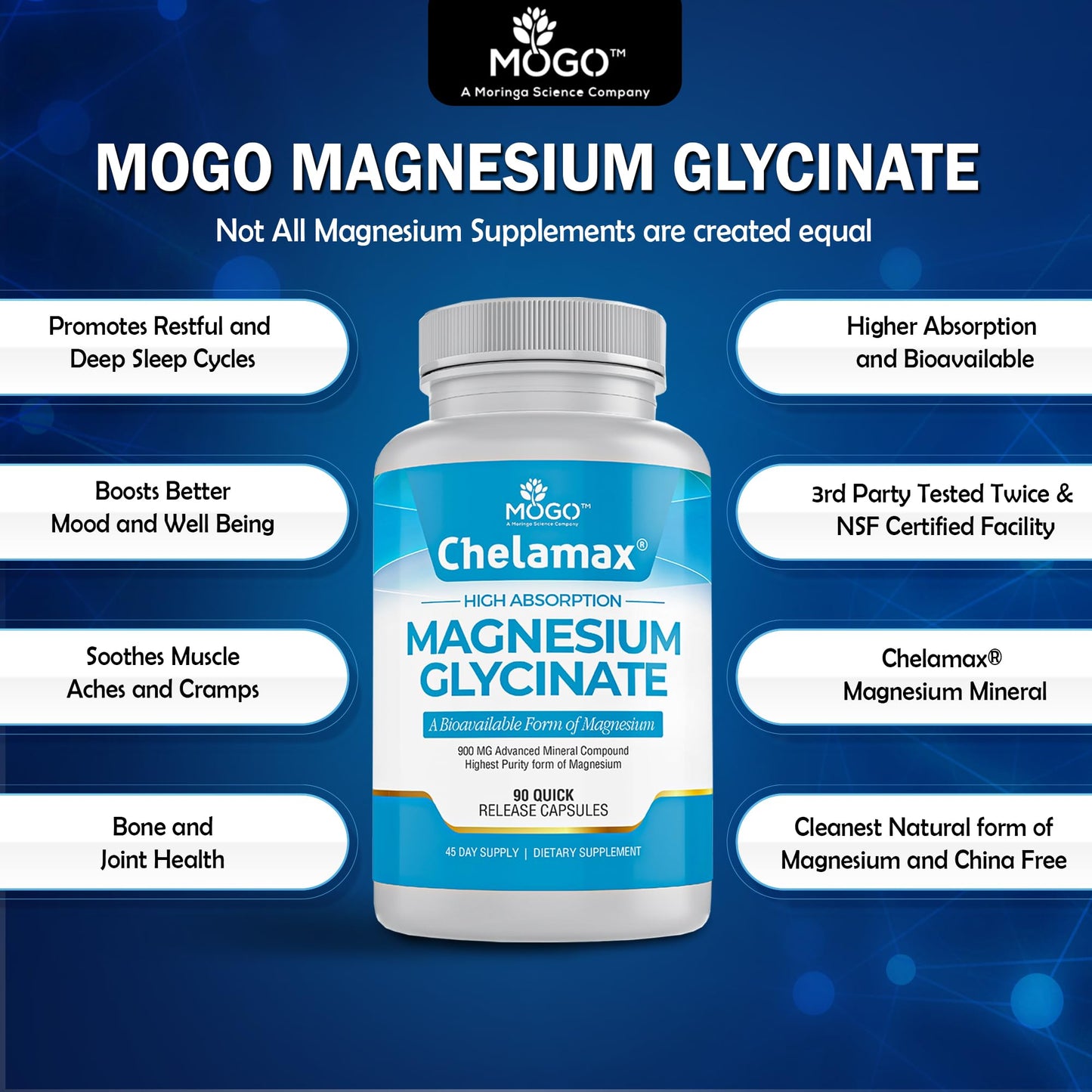 Chelamax Magnesium Glycinate.Dead Sea Sourced, 100% Chelated Magnesium for Sleep Support, Muscle Cramps, Bone Health. Made in USA, 3rd Party Tested,Heavy Metal Free,Glicinato de Magnesio Capsules.