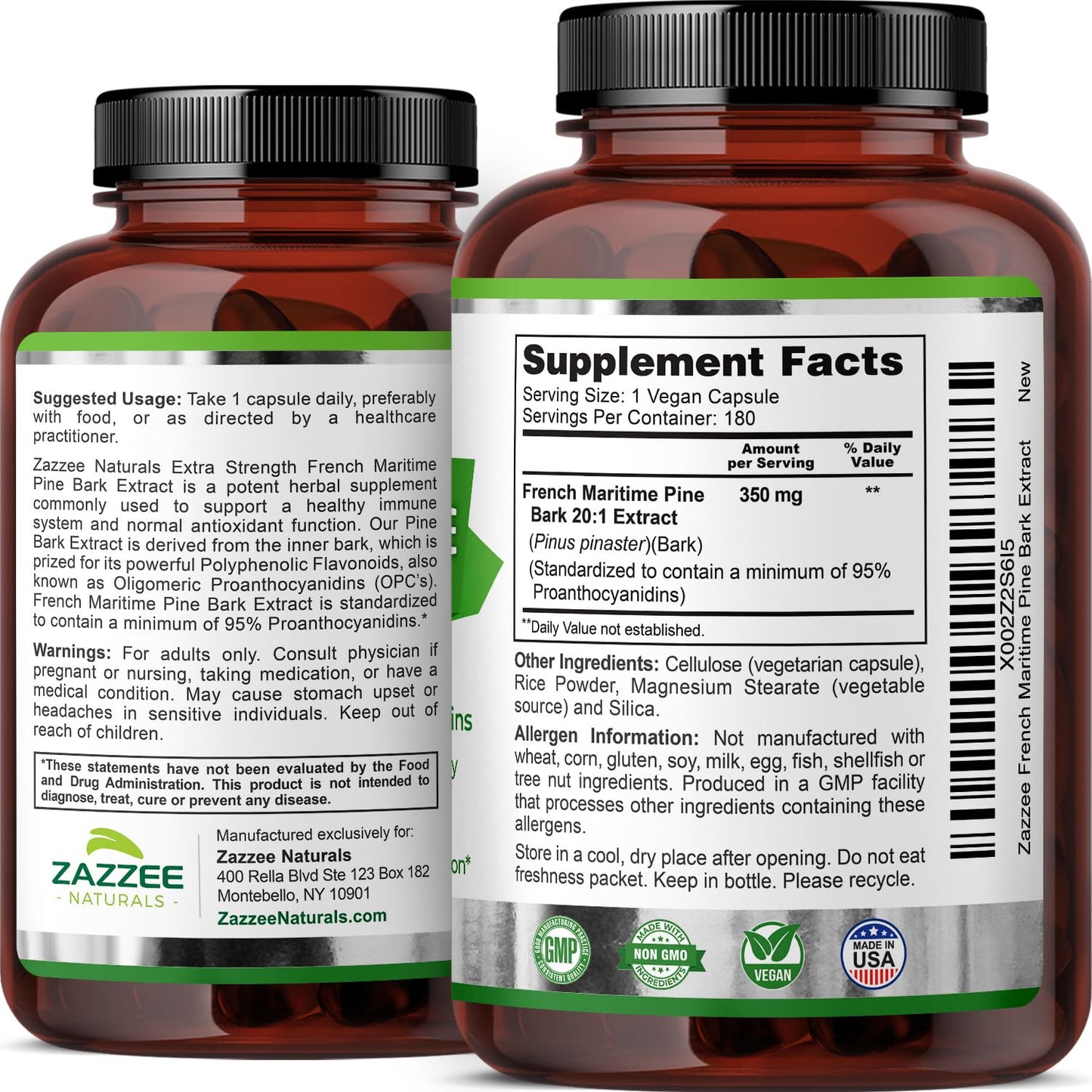 Zazzee Extra Strength French Maritime Pine Bark 20:1 Extract, 350 mg Per Capsule, 180 Vegan Capsules, 95% Proanthocyanidins, Kosher, 6 Month Supply, Standardized 20X Extract, Non-GMO, Made in The USA