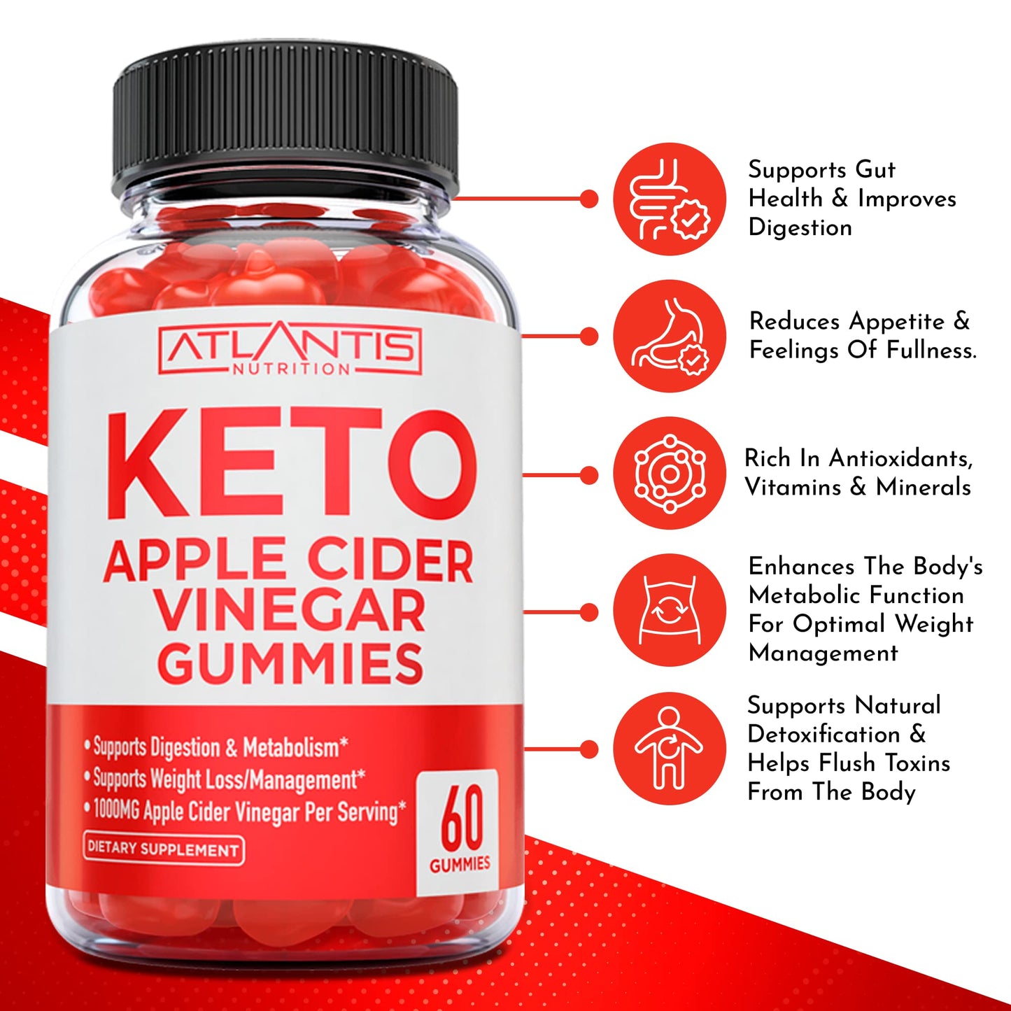 Atlantis Nutrition Keto ACV Gummies for Weight Loss - Apple Cider Vinegar Gummies Formulated to Support Advanced Weight Loss, Digestion, Detox & Cleansing, Made with 1000MG ACV Per Serving - 60 Count