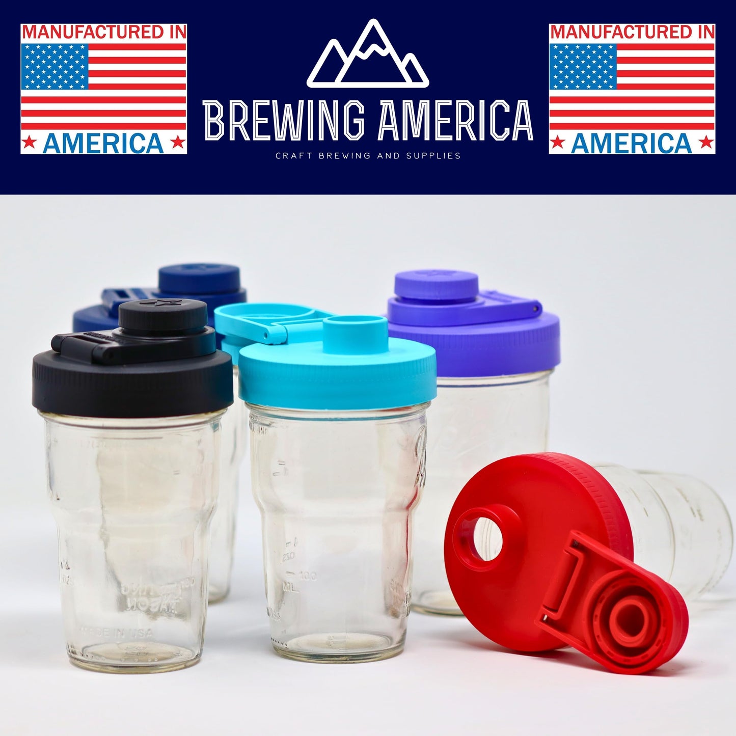 Brewing America Nesting Jar with Drinking Lid as Travel Cup, 1 Pint (16 oz) with Red Pouring Lid on Wide Mouth Ball Nesting Mason Jar, USA-Made To Go Drink Cup, 1-Pack