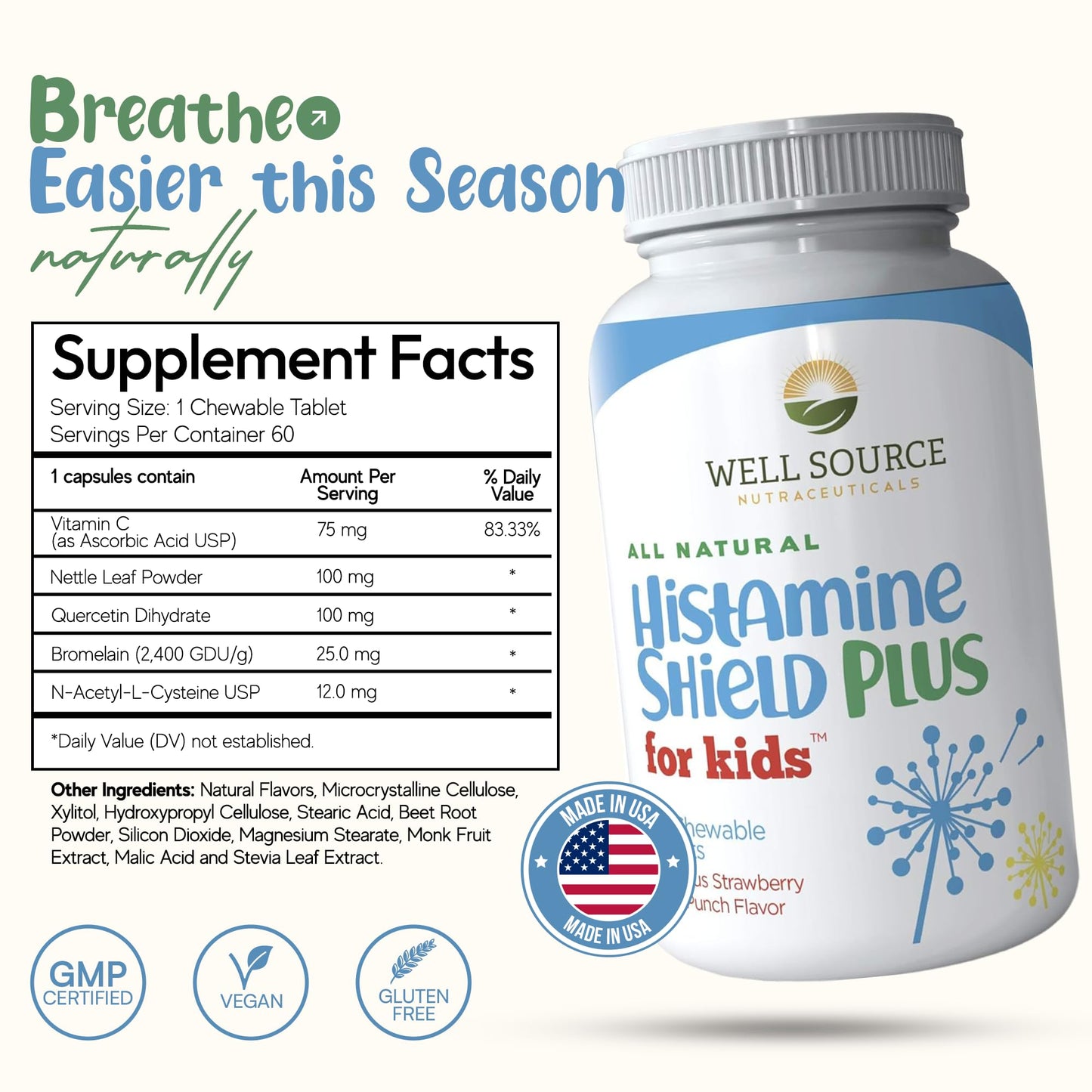 Histamine Shield Plus for Kids™ Natural Antihistamine Supplement, Sinus & Allergy Relief for Pollen, Pet Dander, Dust, Mold, and Odors, 60 Strawberry Fruit Punch Chewable Tablets
