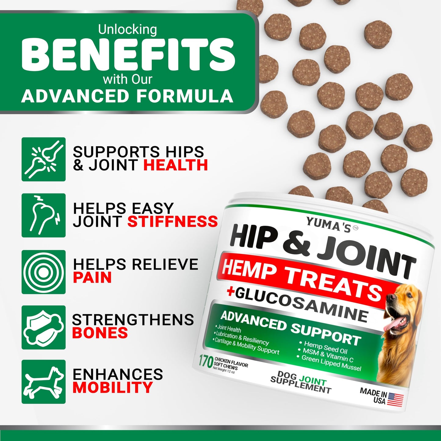 YUMA'S Hemp Hip and Joint Supplement for Dogs - Glucosamine for Dogs - Joint Pain Relief Chews - Chondroitin, MSM - Hemp Oil - Advanced Canine Health Supplement - Mobility Support Treats