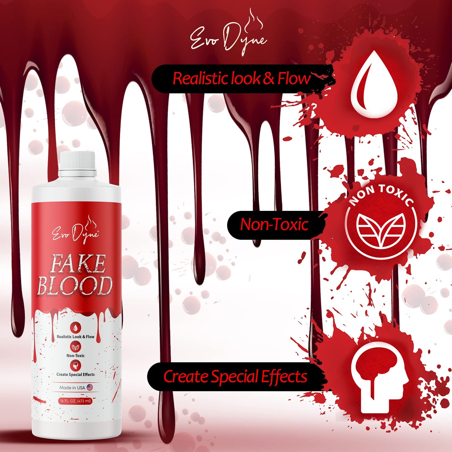 Evo Dyne Fake Blood (16 FL OZ), Made in the USA - Fake Blood for Halloween Costumes & Parties | Looks & Feels Like Real Blood