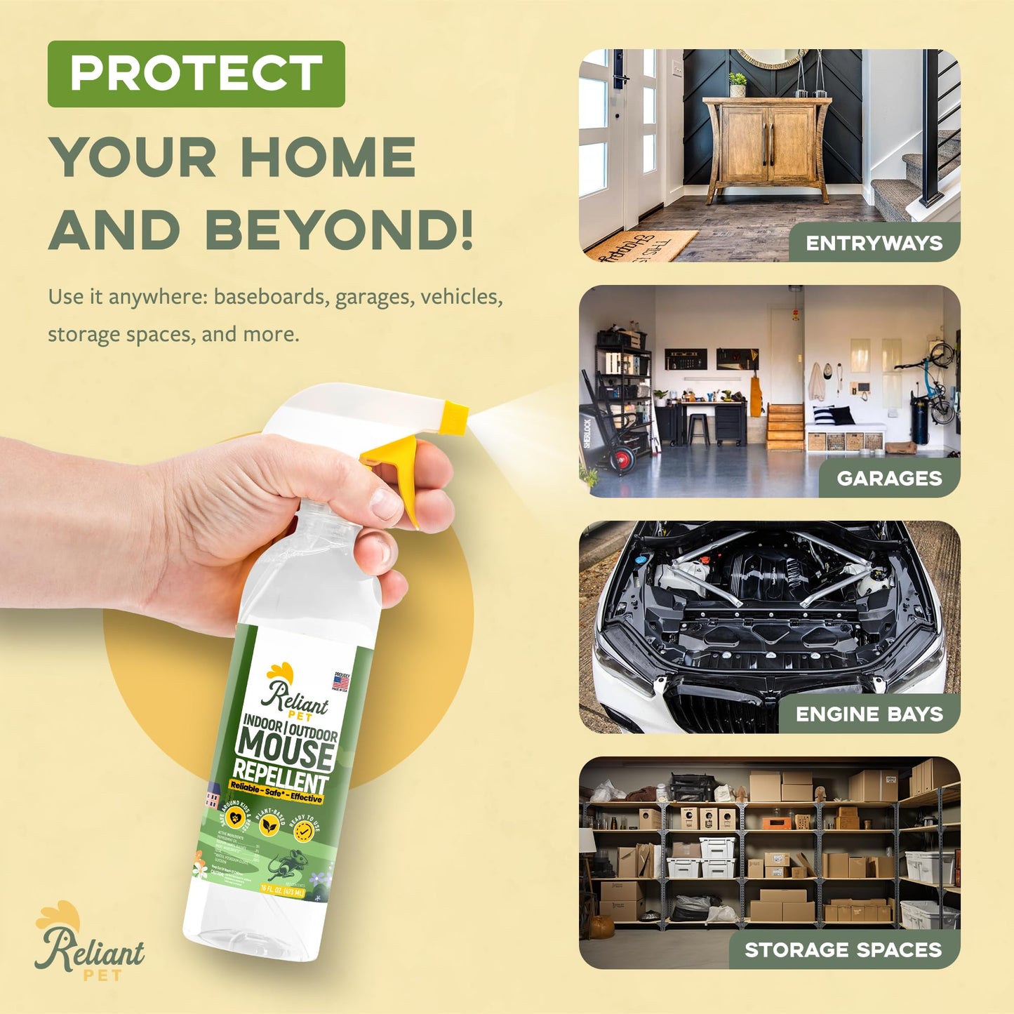 Reliant Pet Peppermint Oil Mouse Repellent Spray 16oz - Natural Mice Deterrent for Indoor & Outdoor Use - Mouse Repellent Spray for Home, Car Engines, RV - Pet Safe Pest Control - Made in USA