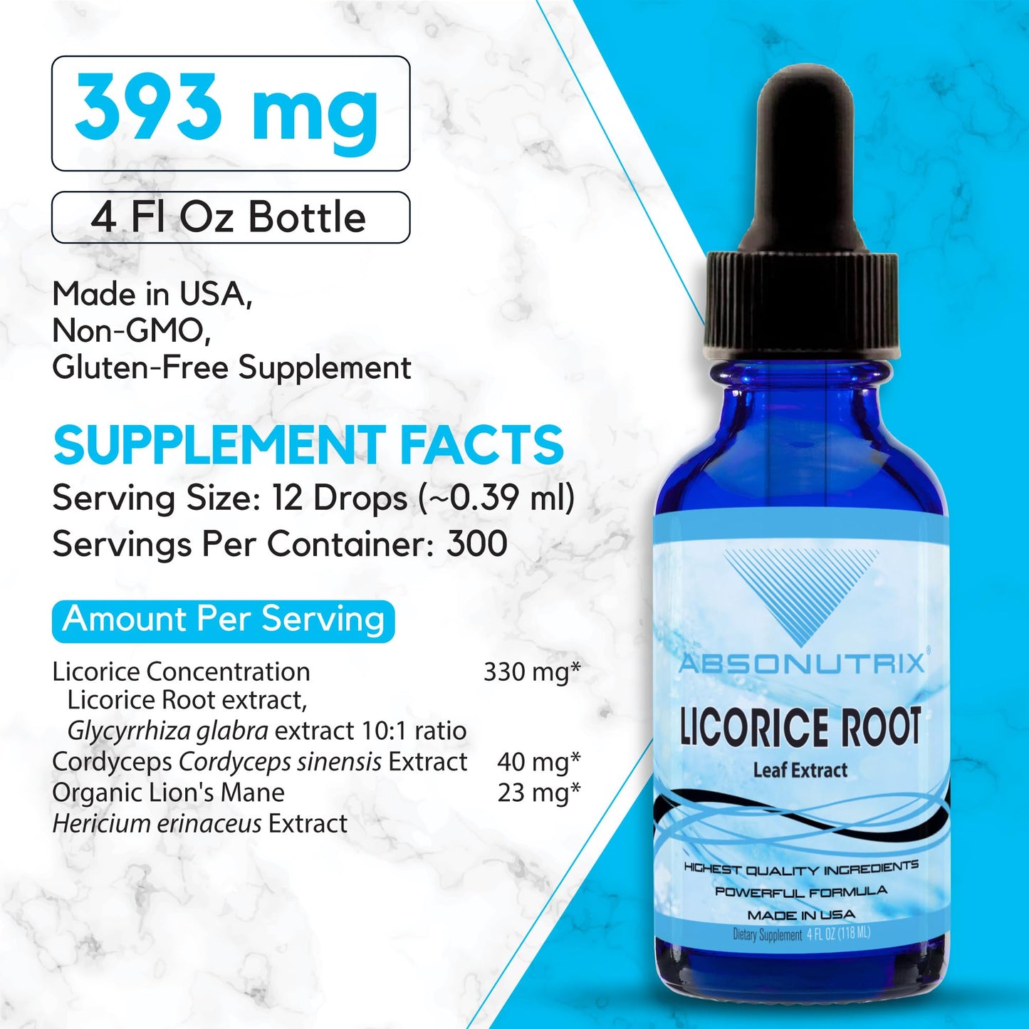 Absonutrix Licorice Root 330 mg, 4 Oz Liquid, 300 Servings, Made in USA, Quick Absorption, Quality Potent Ingredients, Non-GMO, GMP-Certified Facility, Cruelty-Free Products