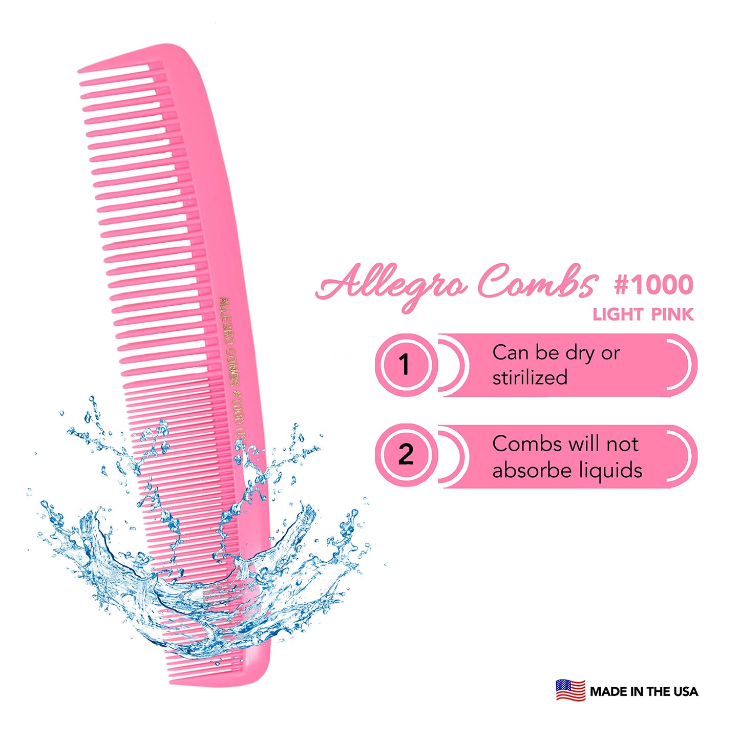 Allegro Combs 1000 X-Large Styling Comb Hair Cutting Barber Stylist Shampoo Combs All Purpose Wide And Fine Tooth Made In The USA 2 Pc. (Light Pink)