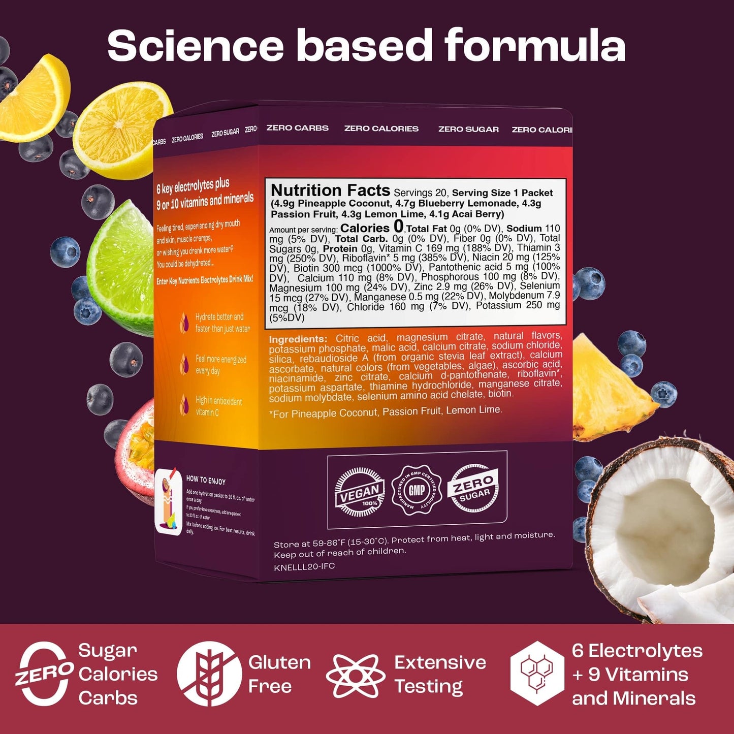 KEY NUTRIENTS Electrolytes Powder Packets No Sugar - 5 Delicious Flavors in Hydration Packets 20 Pack - No Calories, Gluten Free Electrolytes Powder Packets, Non GMO, Made in USA