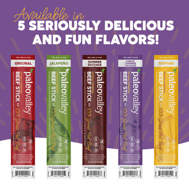 Paleovalley 100% Grass Fed Garlic Summer Sausage Beef Sticks - Delicious Gluten Free Beef Snack - High Protein Keto Friendly