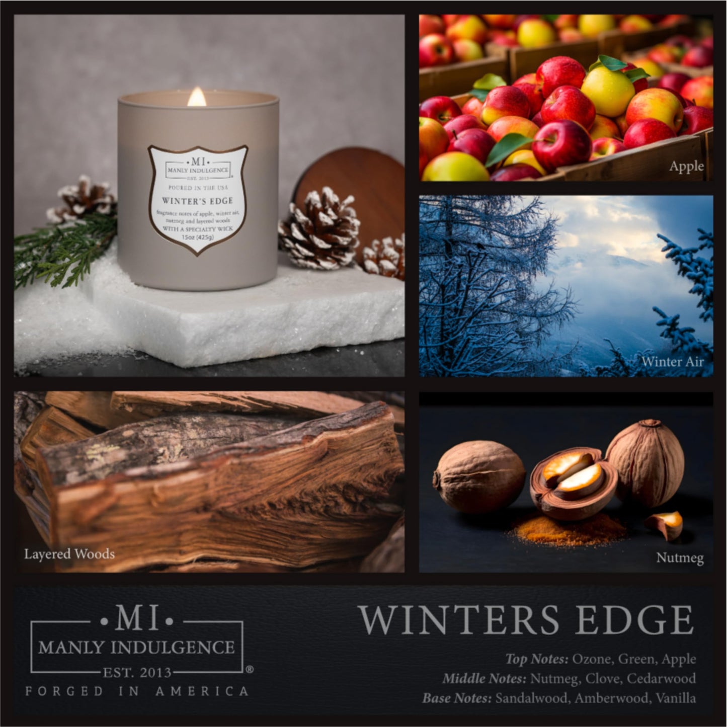 Manly Indulgence Winters Edge Scented Candles for Men, 15 oz Wooden Wick, Fathers Day Candle, 60H Burn, Candles for Home Scented - Made in The USA