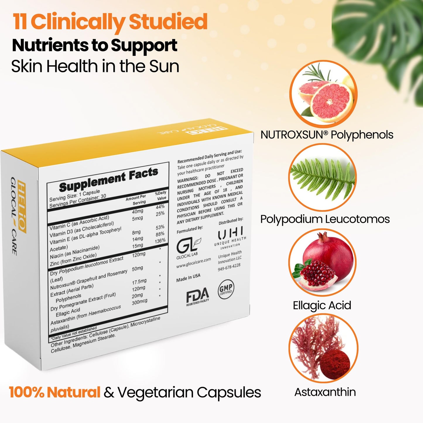 GlocalCare Helio – Antioxidant-Rich Sun Defense & Skin Rejuvenation Supplement with Polypodium, Nutroxsun, Astaxanthin & Pomegranate Extract - Fights Photoaging & Oxidative Stress - (30 Capsules)