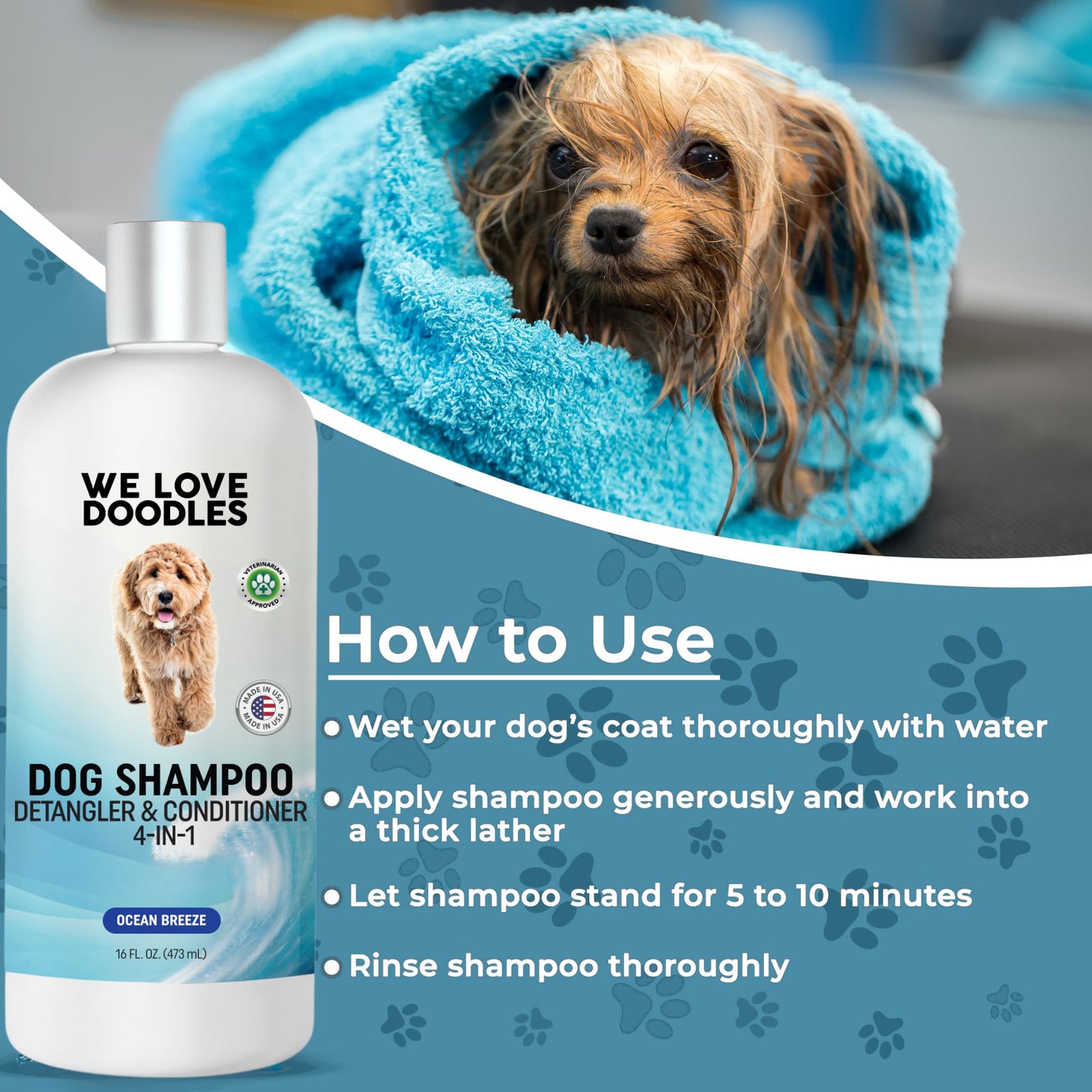 We Love Doodles Dog Shampoo, Conditioner, & Detangler - Shampoo for Dogs, Goldendoodles, Poodles & Doodles, for Matted Pet Hair & Sensitive Skin, Made in The USA, Ocean Breeze, 16 oz