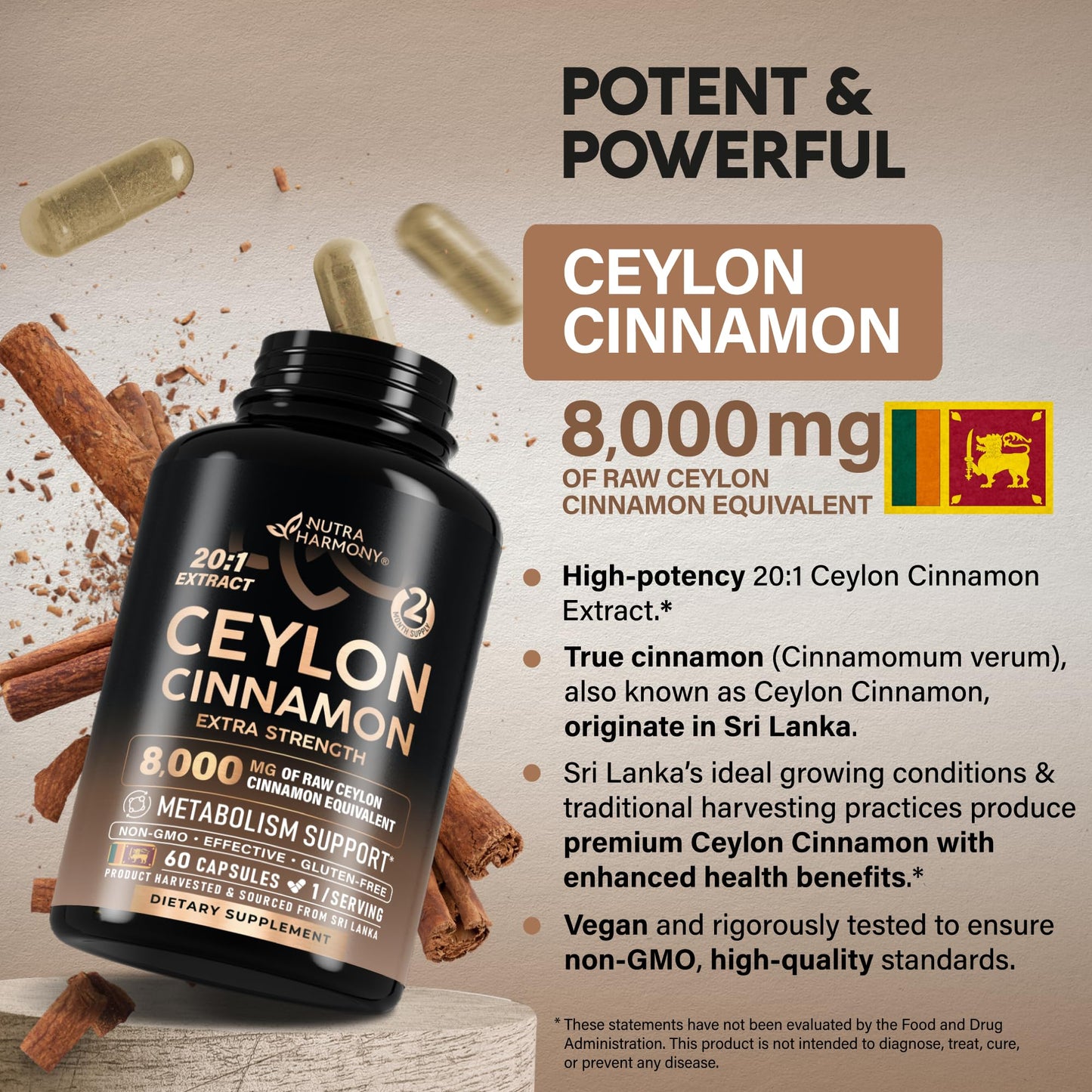Ceylon Cinnamon Capsules - Extra Strength - Energy, Heart & Metabolism Support - for Men & Women - Pure Natural Extract 20:1 Supplement - Made in USA - GMO & Gluten Free