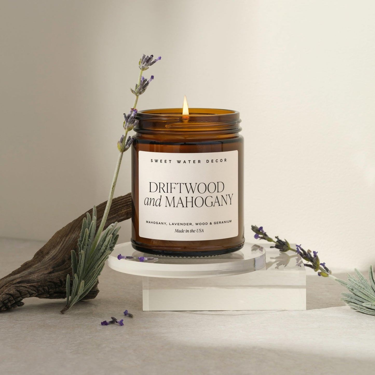 Sweet Water Decor Driftwood and Mahogany Soy Candle - Fresh Lavender, Geranium, Warm Mahogany, and Earthy Wood Scented Candles for Home - 9oz Amber Jar + Metal Lid, 40+ Hour Burn Time, Made in the USA