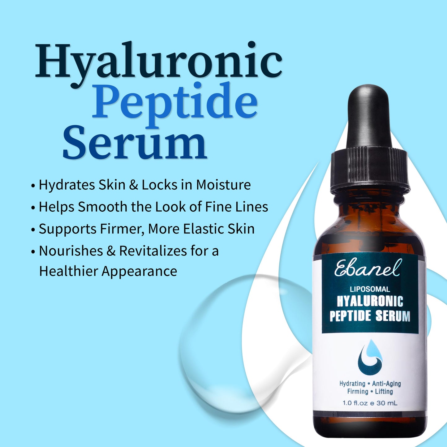 Ebanel Hyaluronic Acid Serum for Face with Peptides, Hydrating Age-Defying Serum with Vitamin C, E, B5, Niacinamide, Aloe, Jojoba Oil & MSM, Helps Visibly Plump, Firm & Smooth Skin, Supports Even Tone