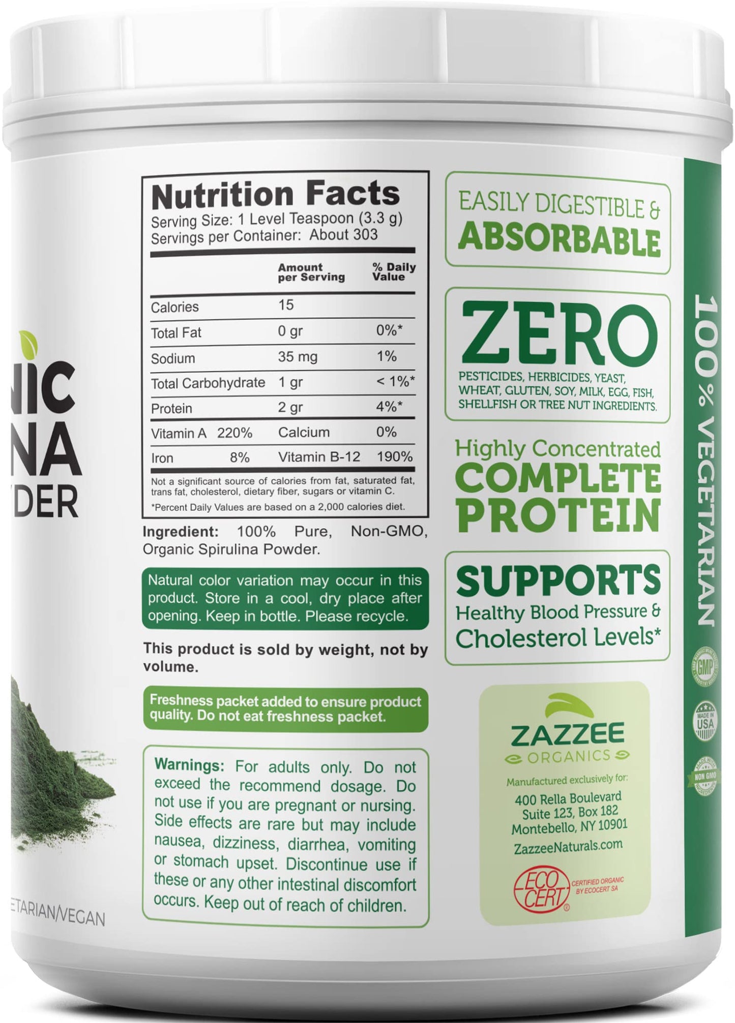 Zazzee Organic Spirulina Powder, 2.2 Pounds (1 KG), USDA Certified, 303 Servings, 100% Pure, Non-Irradiated, Mess-Free Wide Mouth Container, Fresh Smell and Neutral Taste, Vegan, Non-GMO, Gluten-Free