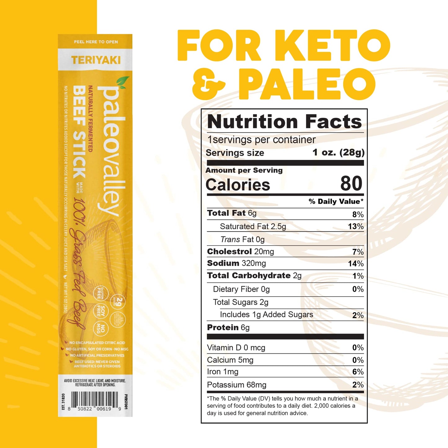 Paleovalley 100% Grass Fed Teriyaki Beef Sticks - Delicious Gluten Free Beef Snack - High Protein Keto Friendly