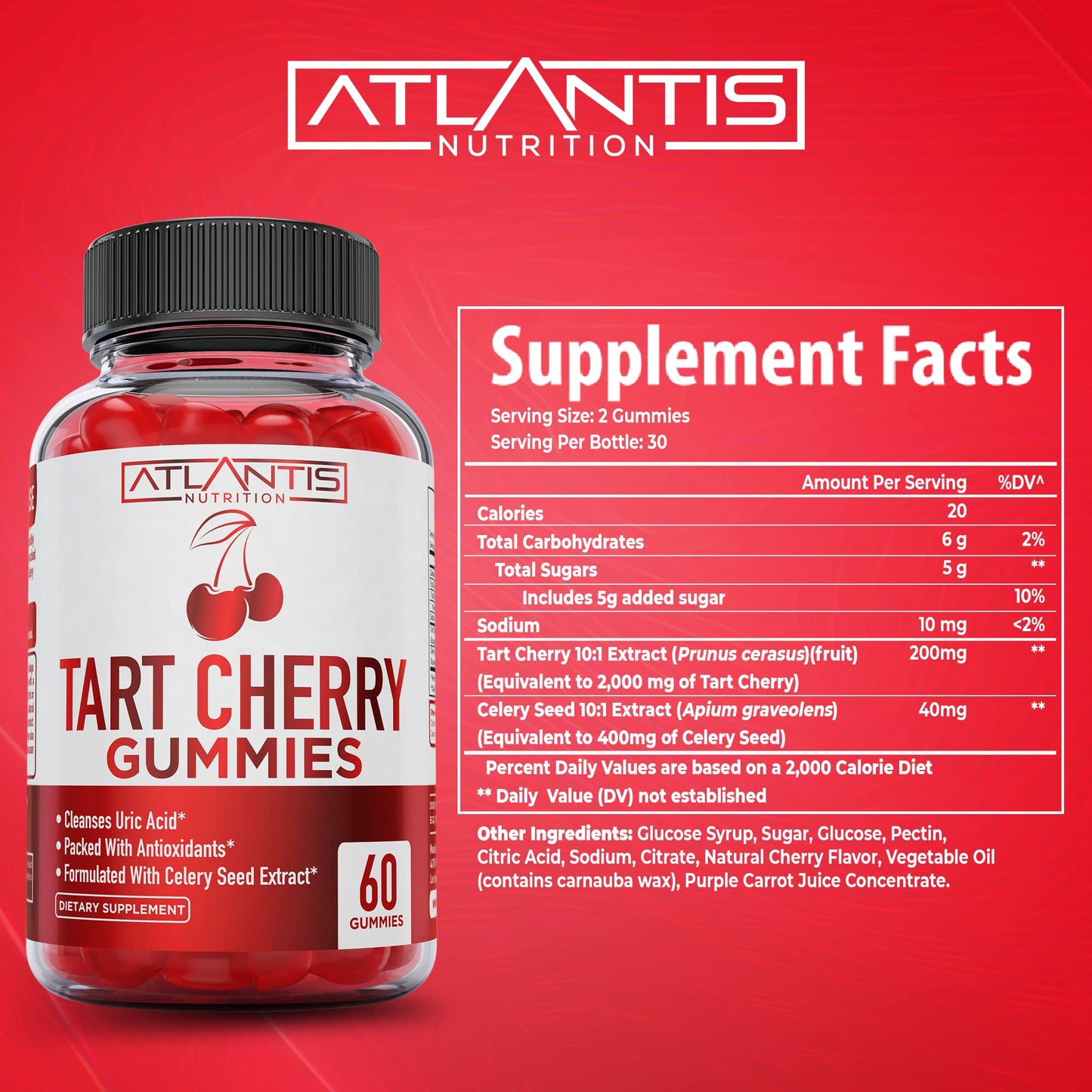 Atlantis Nutrition Tart Cherry Gummies with Celery Seed Extract - Advanced Uric Acid Cleanse for Immediate Gout Relief, Joint Relief & Recovery | Powerful Antioxidant with Joint Support - 60 Gummies
