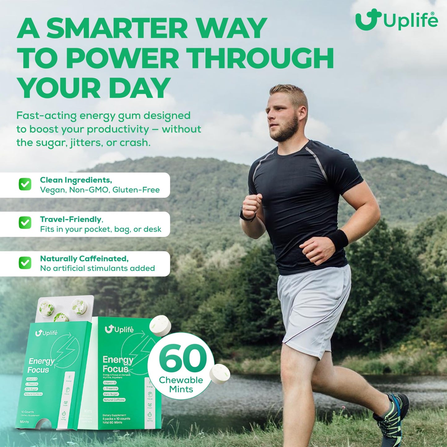 Uplife Energy + Focus Mints 60 Pieces – Fast-Acting 40 mg Caffeine Mint with 80 mg L-Theanine + Niacin Vitamin B3 & B12 + Sugar-Free & 100% Vegan – Caffeine Mints for Natural Energy Boost & Freshness