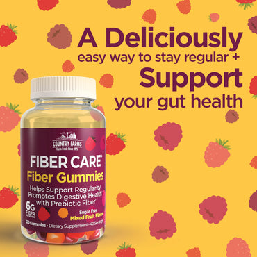 Country Farms Fiber Care Prebiotic Gummies, 6g of Fiber Per Serving, GLP-1 Booster, FOS from Beets, Digestive Health, Supports Regularity, Mixed Fruit Flavor, 120 Gummies, 40 Servings