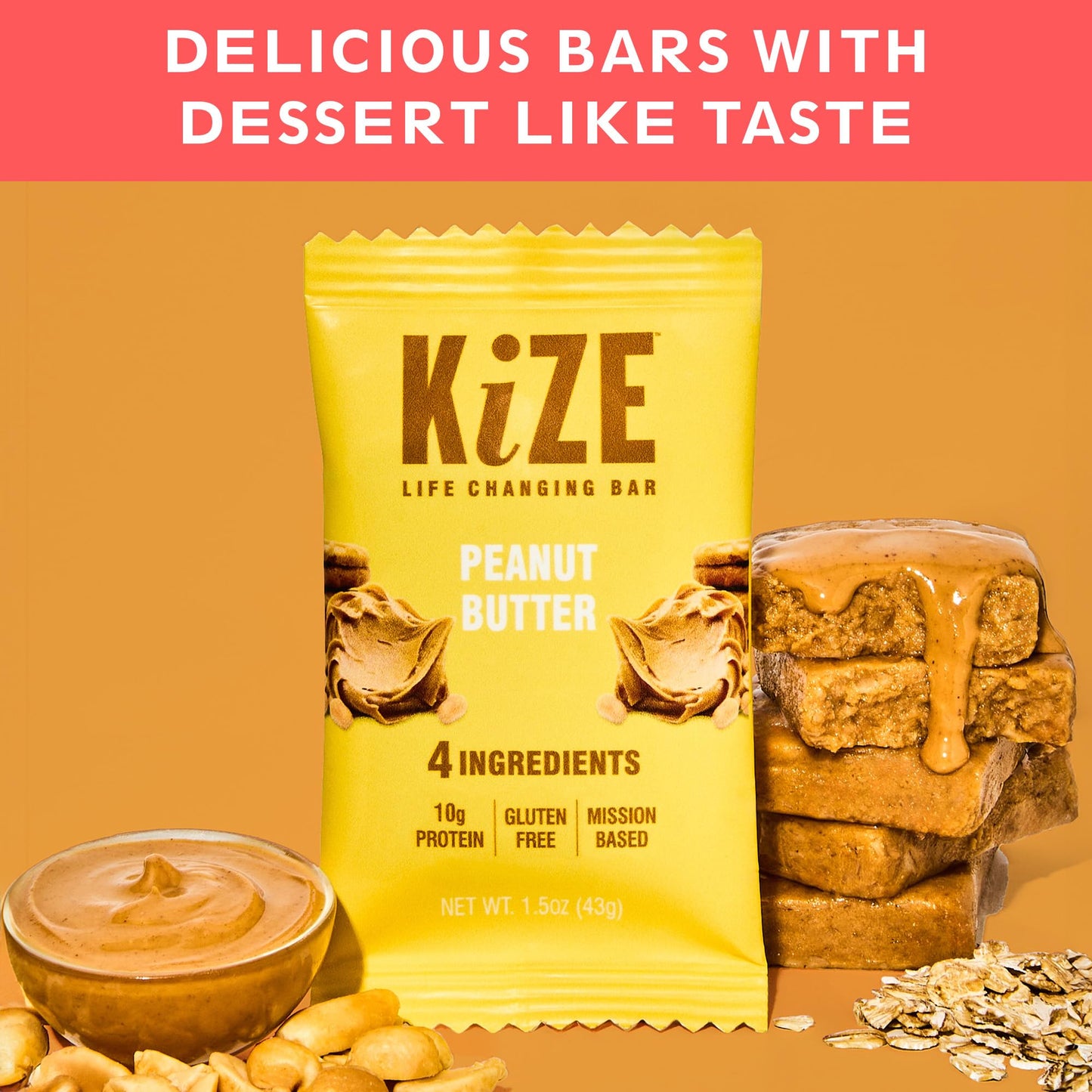 KiZE Energy Bar, 20-Count Pack, 4 Ingredients, 10g Grass-Fed Whey Protein, Clean & Simple Real Food, Gluten Free, Non-GMO, Soy Free, Mission Based, Made in The USA, High Protein Snacks
