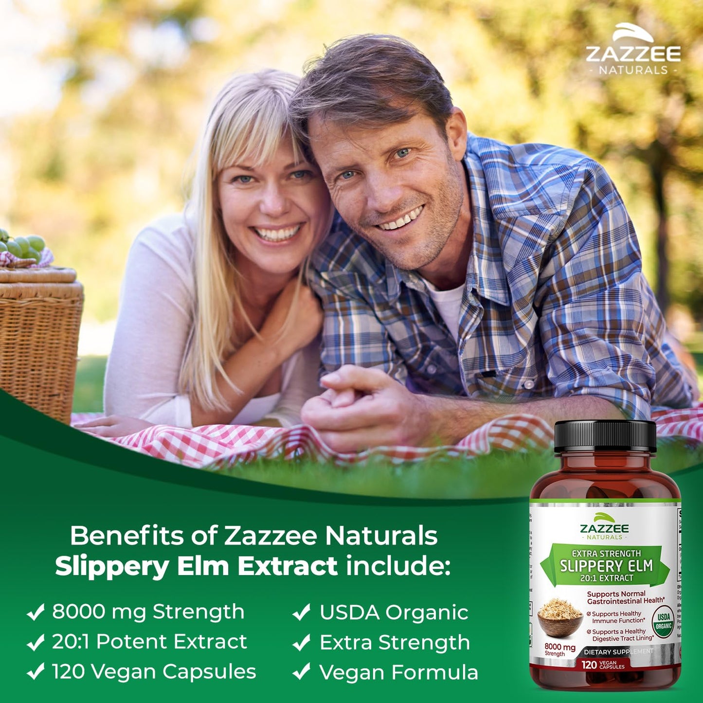 Zazzee USDA Organic Slippery Elm Bark 20:1 Extract, 8000 mg Strength, 120 Vegan Capsules, 4 Month Supply, Standardized, Concentrated 20X Extract, 100% Vegetarian, All-Natural, Non-GMO, Made in the USA