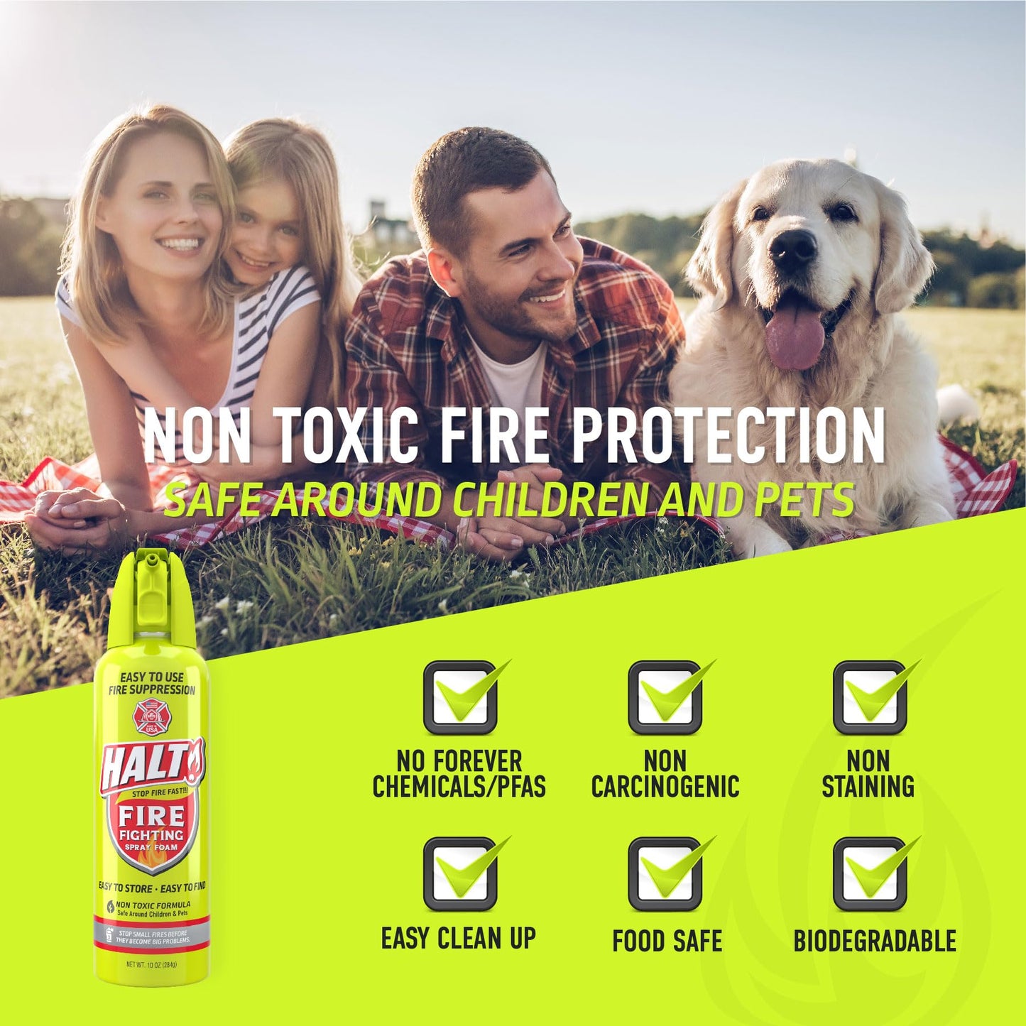 HALT! Fire Fighting Foam Spray – Non-Toxic, PFAS Free, Easy to Use, Store & Find in Emergency – Compact & Portable – Ideal for Home, Kitchen, Apartment, Car, BBQ, Tailgate – Made in USA (Single Pack)