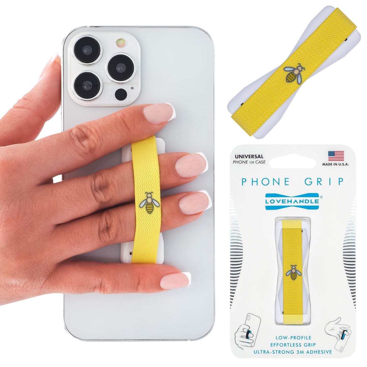 LOVEHANDLE Universal Phone Grip for Smartphones & Mini Tablets - Phone Holder for Hand - Wireless Charging Compatible - Made in The USA - Bumblebee