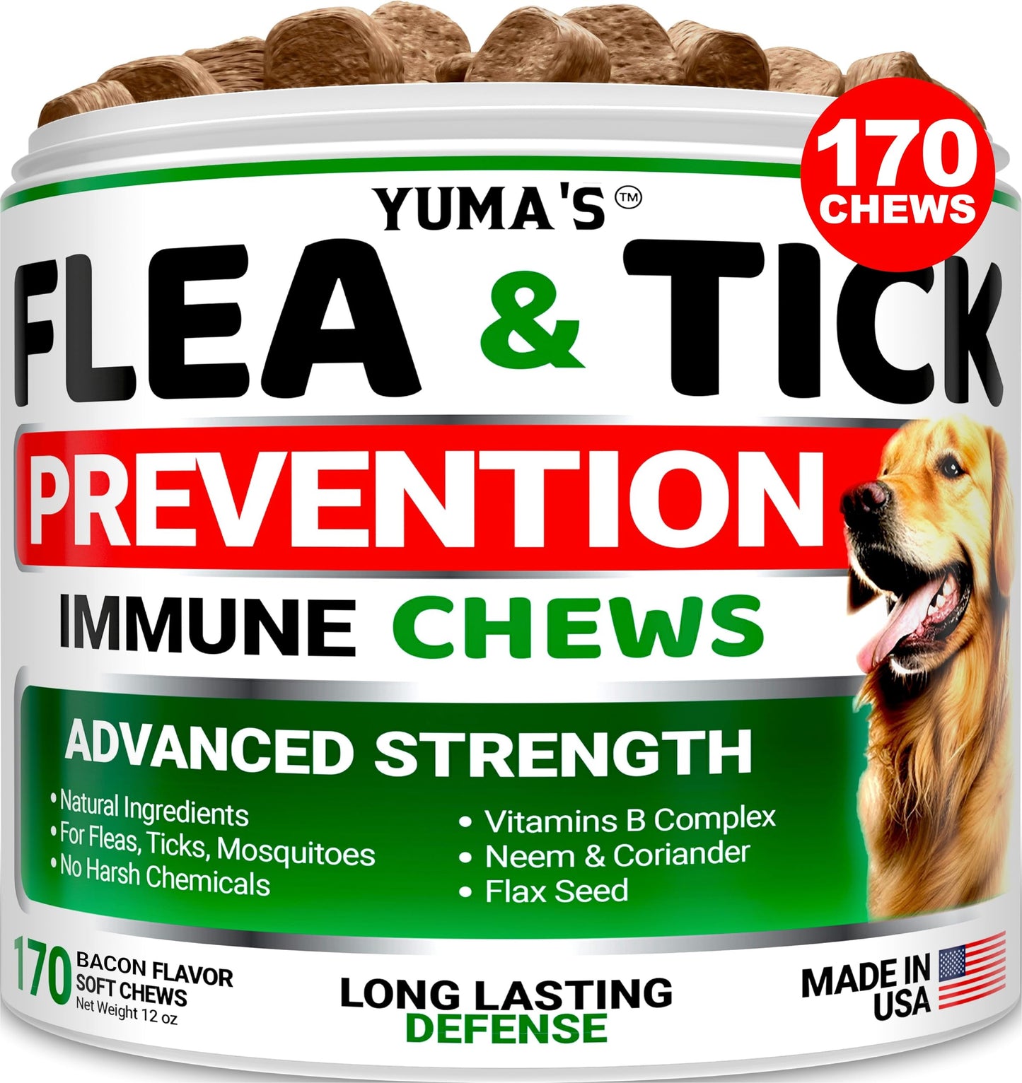 Flea and Tick Prevention for Dogs Chewables - 170 Treats - Natural Dog Flea and Tick Treatment Chewable Supplement - Oral Pills - All Breeds & Ages - Soft Chews - Made in USA - Bacon Flavor
