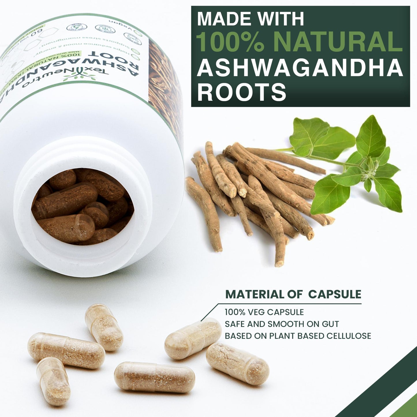 TEX NEWTRA KSM-66 Ashwagandha Root Extract 600mg, 60 Capsules - 5% Withanolides - Full-Spectrum Root Extract