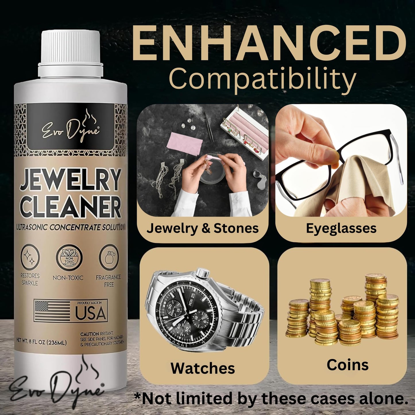 Ultrasonic Jewelry Cleaner Solution (8oz) Concentrated Jewelry Cleaner for Diamonds, Gold, Silver & More | Compatible with Ultrasonic Machine (s) - Made in USA