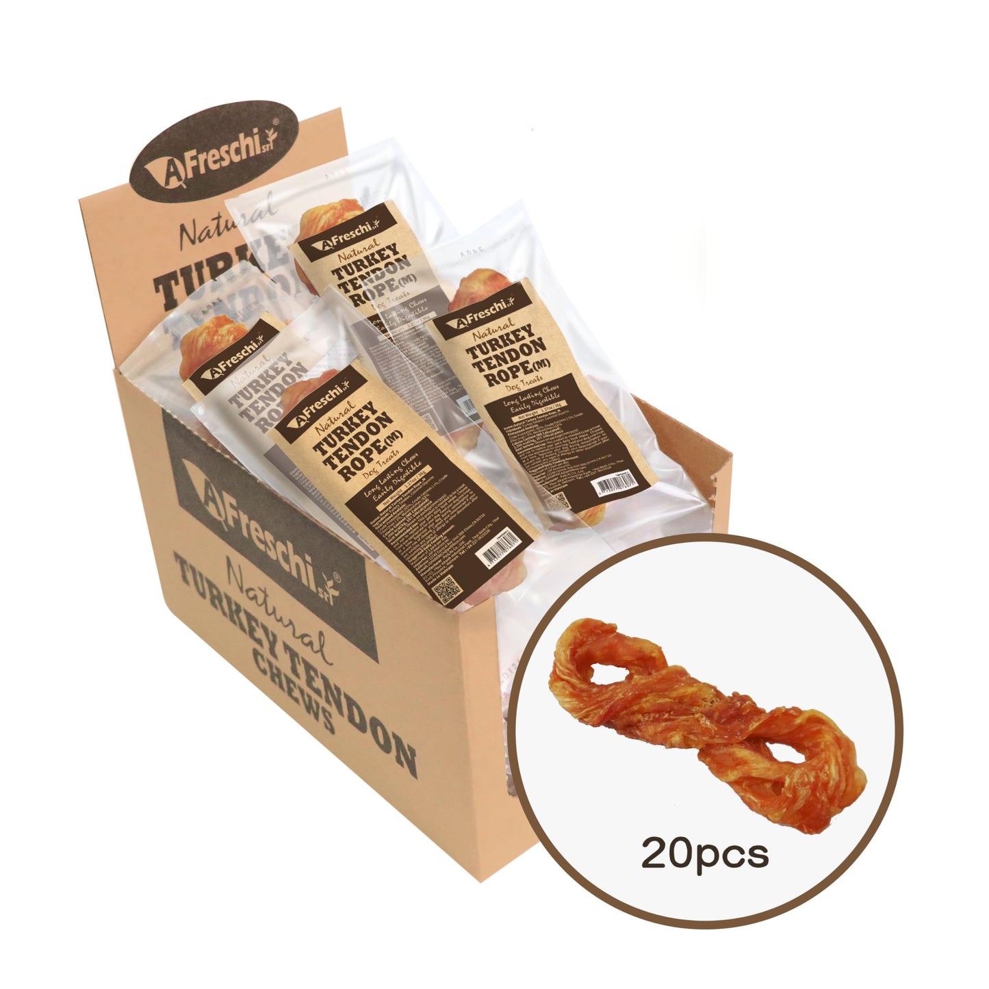 Afreschi Turkey Tendon for Dogs, Dog Treats for Signature Series, All Natural Human Grade Puppy Chew, Turkey Sourced from USA, Hypoallergenic, Rawhide Alternative, 20 Units/Box Rope (Medium)