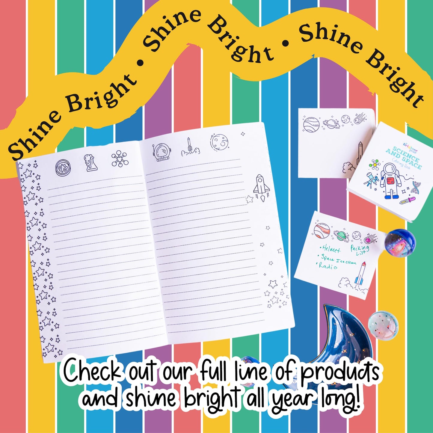 A Brighter Year Large Space Edition Bundle - Adult Mini Coloring Book (3" x 3", 50 Pages), Lined Notebook, Post It Notes (25-3” x 3”), & Stickers - Stress & Anxiety Relief - for Relaxation, Gift