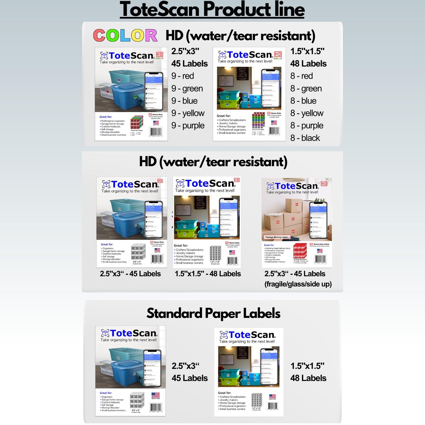 ToteScan Intelligent QR Labels for Organization/Moving/Storage (45 Unique Labels, 2.5"x3")