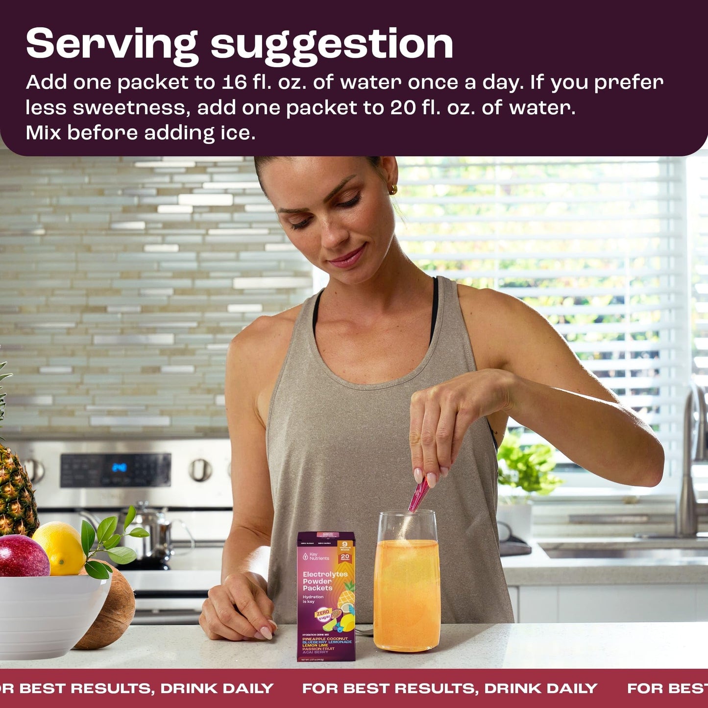 KEY NUTRIENTS Electrolytes Powder Packets No Sugar - 5 Delicious Flavors in Hydration Packets 20 Pack - No Calories, Gluten Free Electrolytes Powder Packets, Non GMO, Made in USA