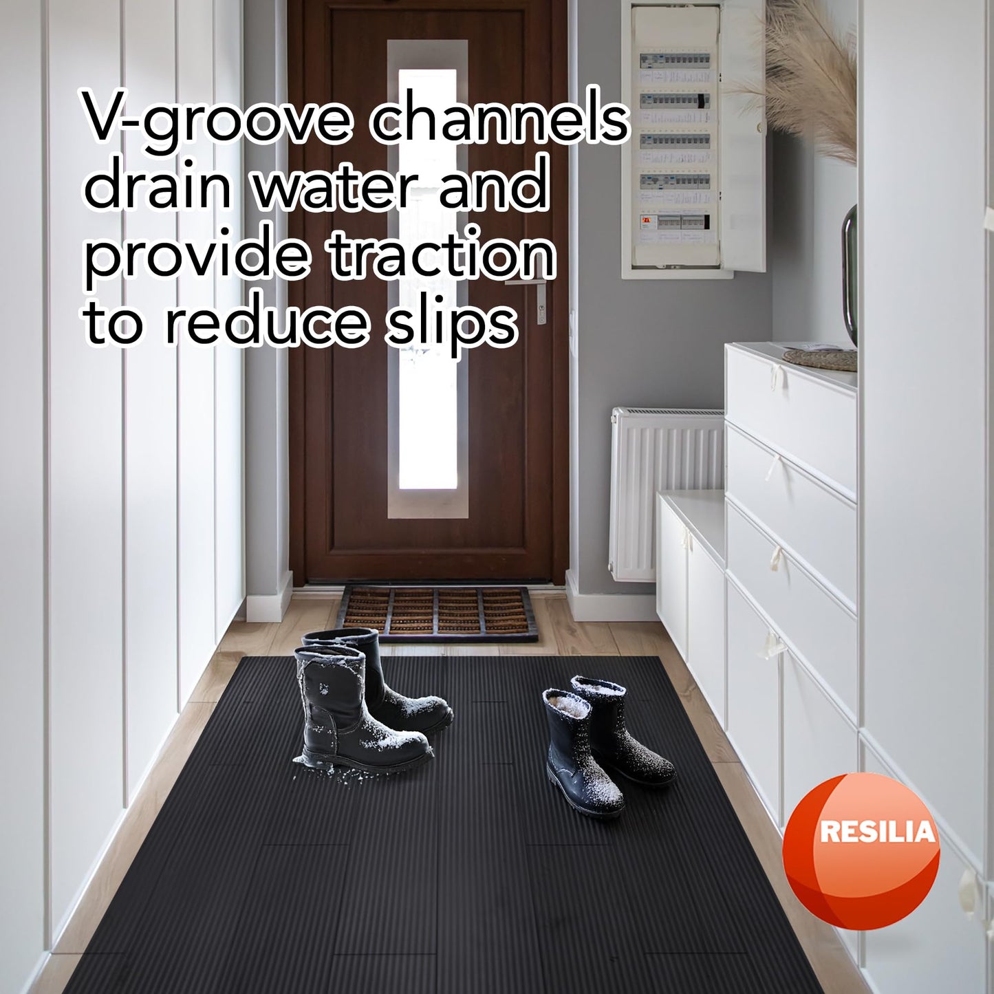 Resilia Black V-Groove Utility Runner - Waterproof Vinyl Floor/Surface Protector, Non Slip, Heavy Duty Mats for Indoor Hardwood, Hard Floors, Garage, Hallway, Entryway, Kitchen, & Outdoor