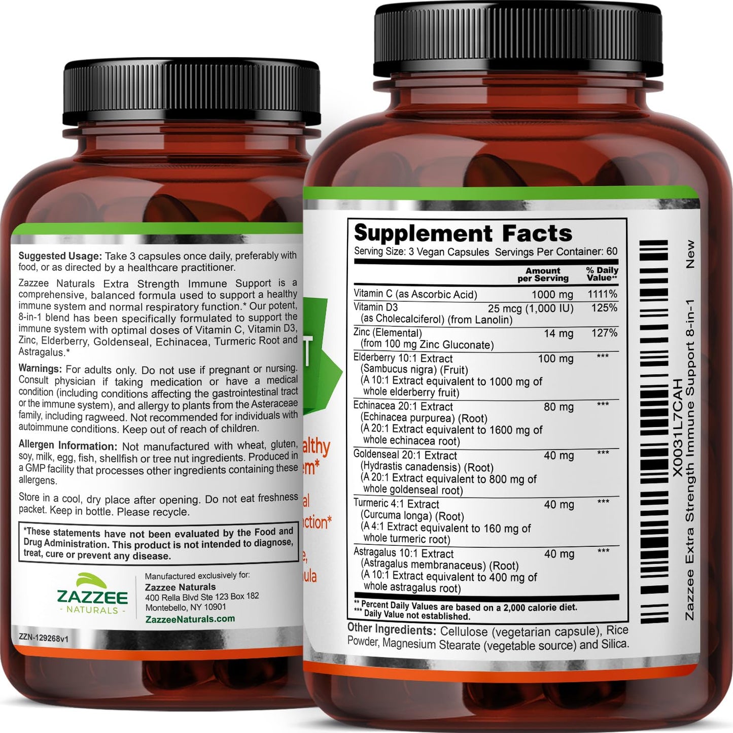 Zazzee Extra Strength 8-in-1 Immune Support, 1400 mg per Capsule, 180 Vegan Capsules, 1000 mg Vitamin C, 1000 IU D3, Zinc, Elderberry, Echinacea, Goldenseal, Turmeric, Astragalus, Made in The USA